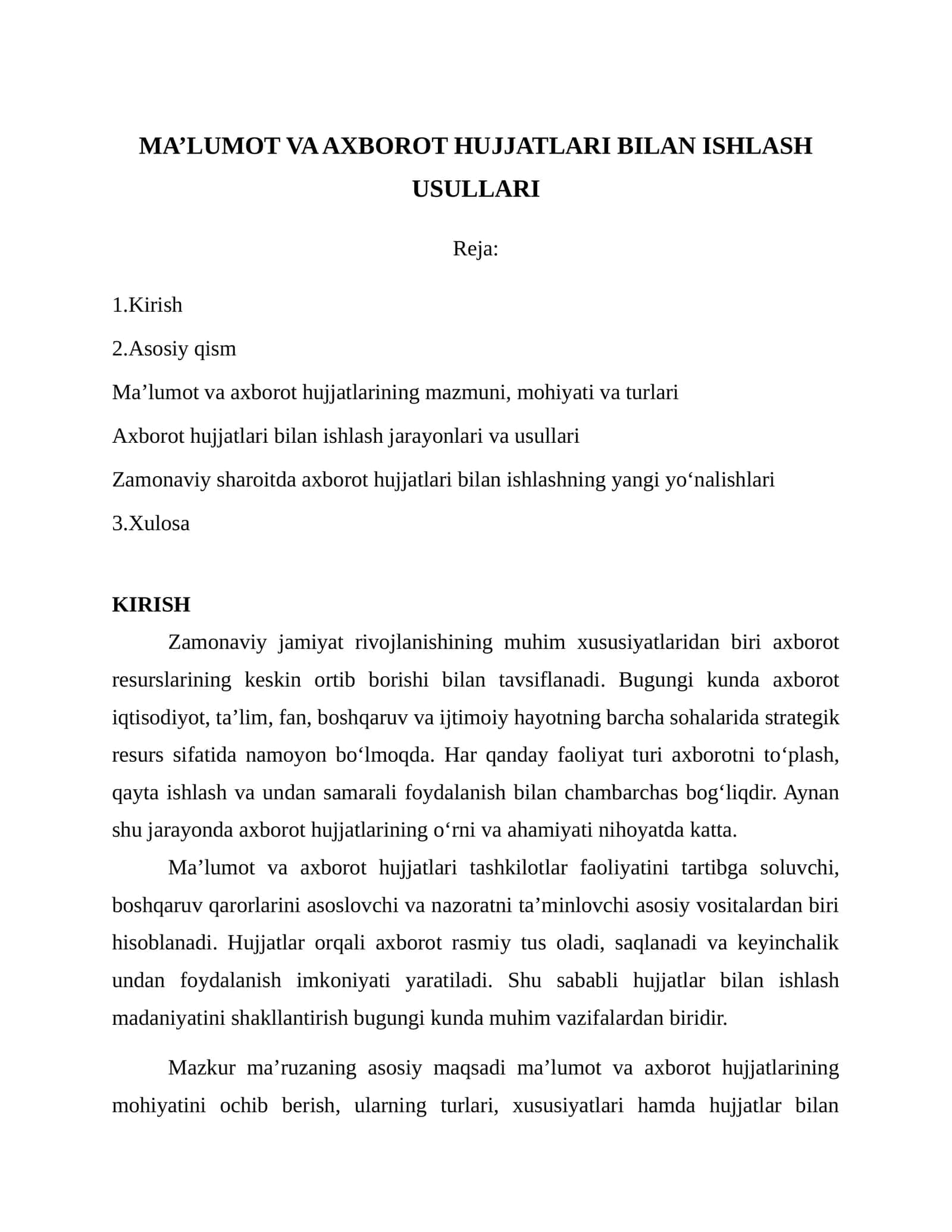 MA’LUMOT VA AXBOROT HUJJATLARI BILAN ISHLASH USULLARI