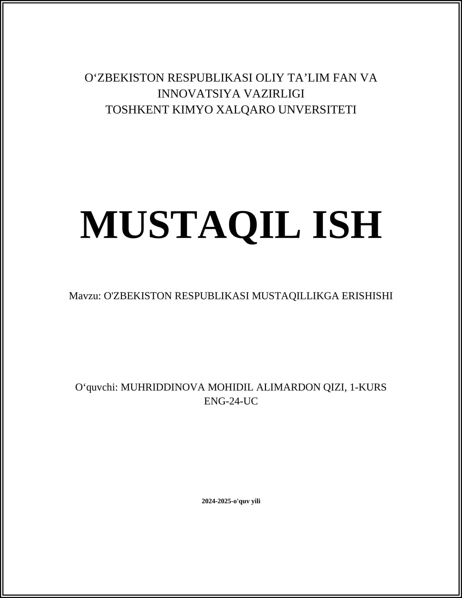 O‘ZBEKISTON RESPUBLIKASI MUSTAQILLIKGA ERISHISHI