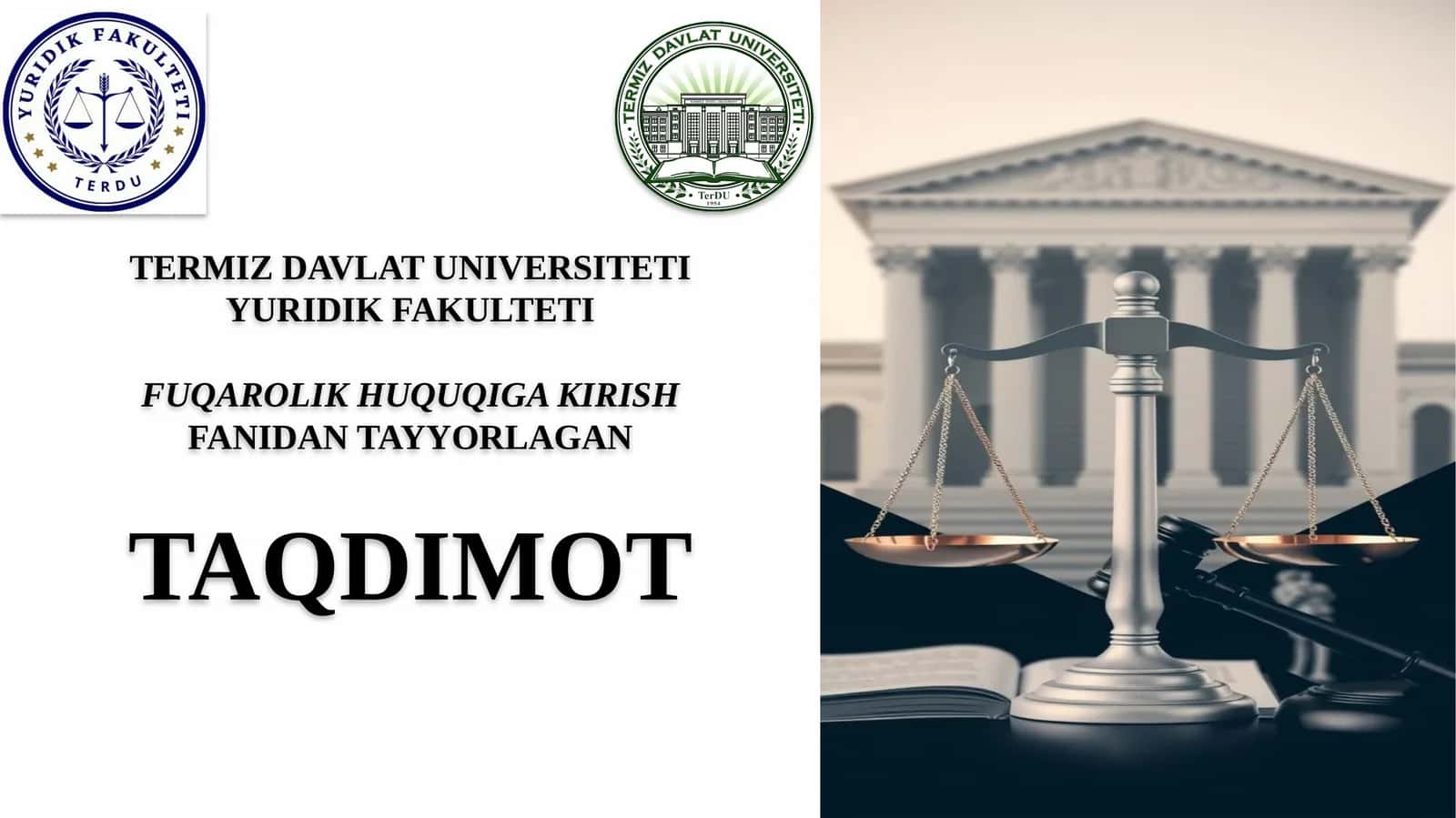 FUQAROLIK HUQUQIGA KIRISH FANIDAN TAYYORLAGAN TAQDIMOT