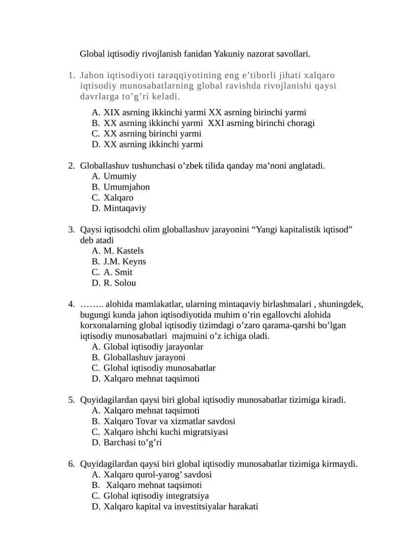 Global iqtisodiy rivojlanish fanidan Yakuniy nazorat savollari