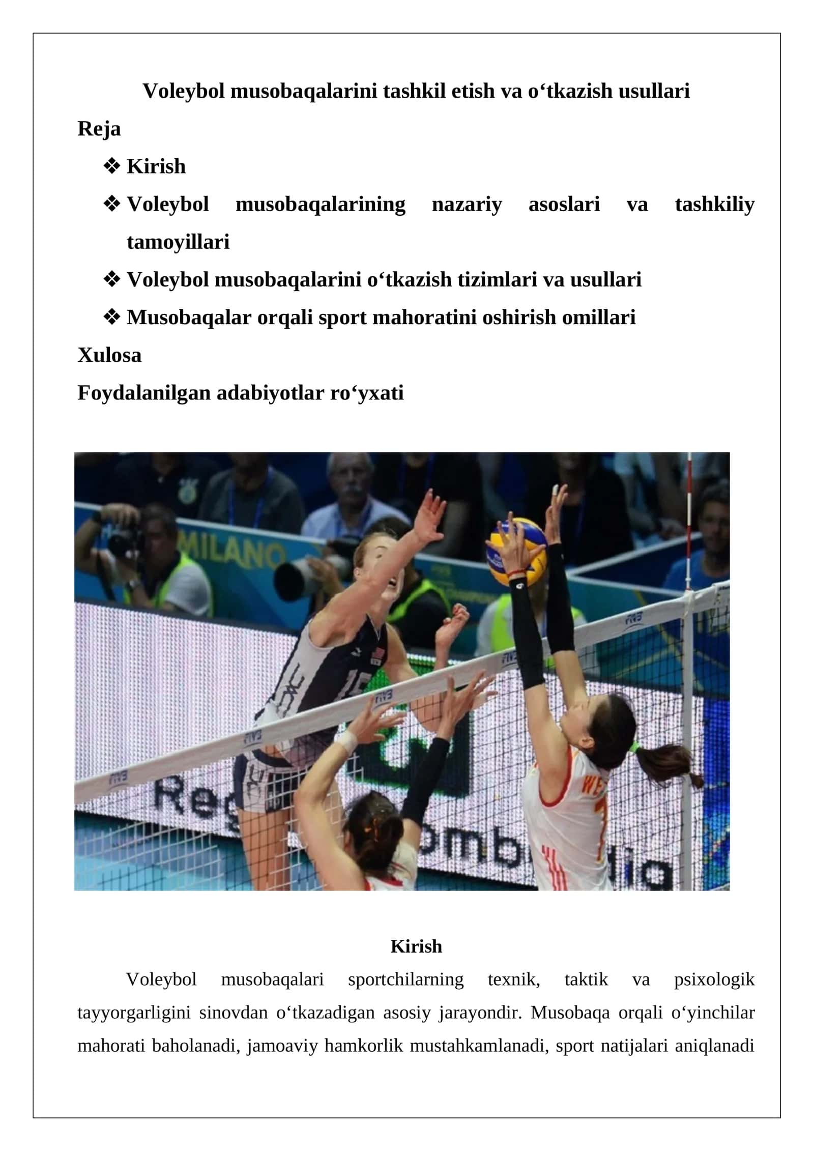 Voleybol musobaqalarini tashkil etish va o‘tkazish usullari