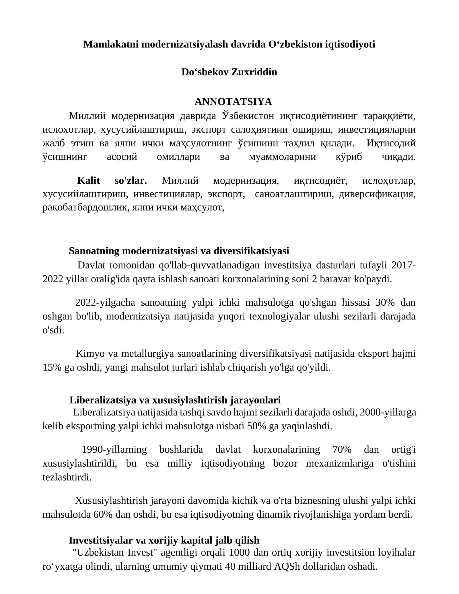 Mamlakatni modernizatsiyalash davrida Oʻzbekiston iqtisodiyoti