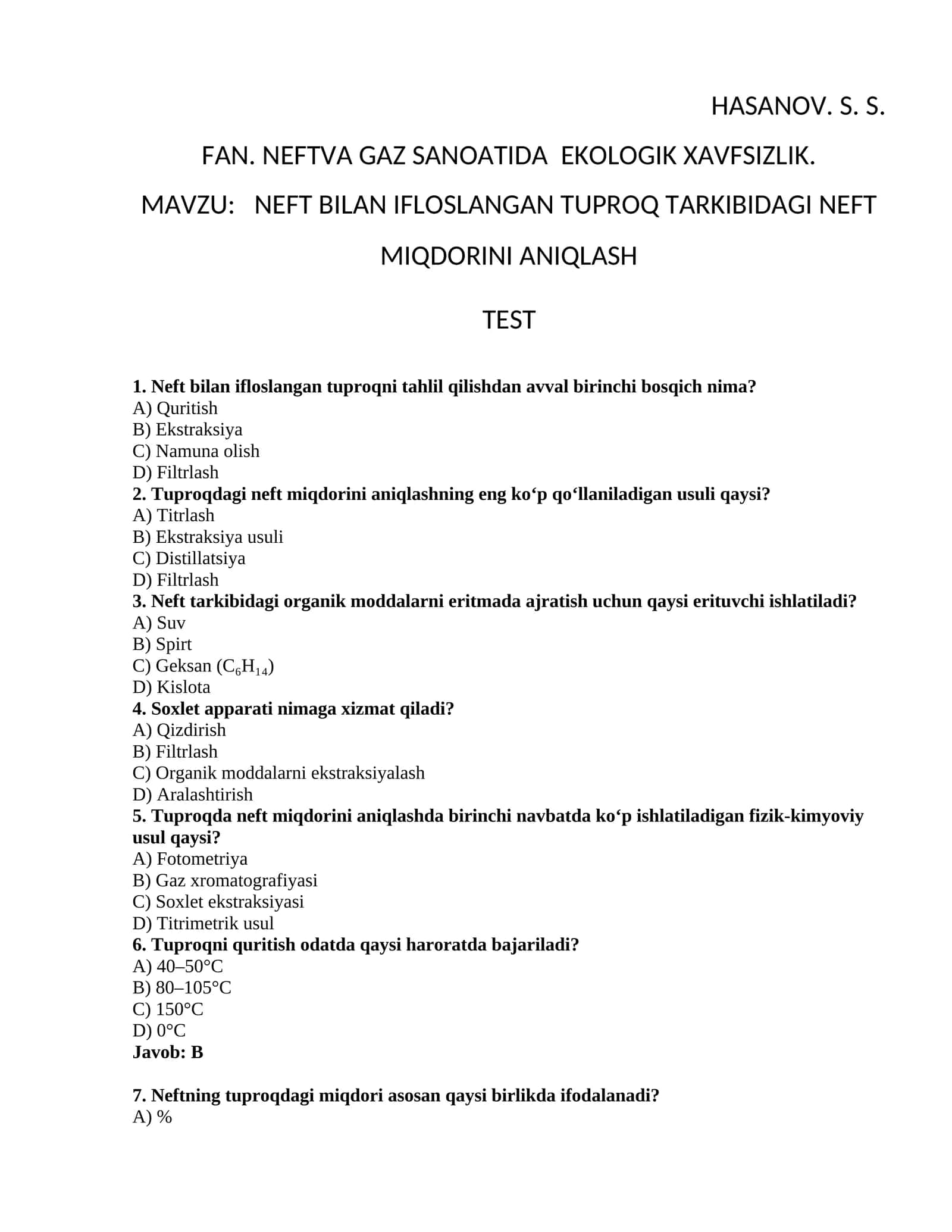 FAN. NEFTVA GAZ SANOATIDA EKOLOGIK XAVFSIZLIK