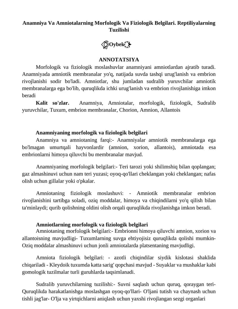 Anamniya Va Amniotalarning Morfologik Va Fiziologik Belgilari