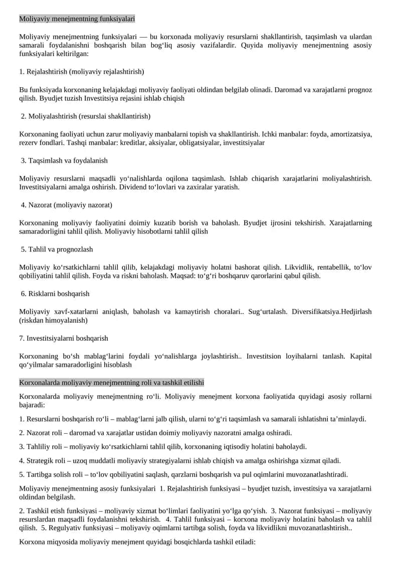Moliyaviy menejmentning funksiyalari