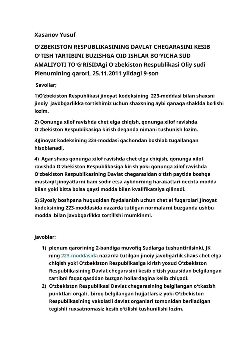 OʻZBEKISTON RESPUBLIKASINING DAVLAT CHEGARASINI KESIB OʻTISH TARTIBINI BUZISHGA OID ISHLAR BOʻYICHA SUD AMALIYOTI TOʻGʻRISIDAgi