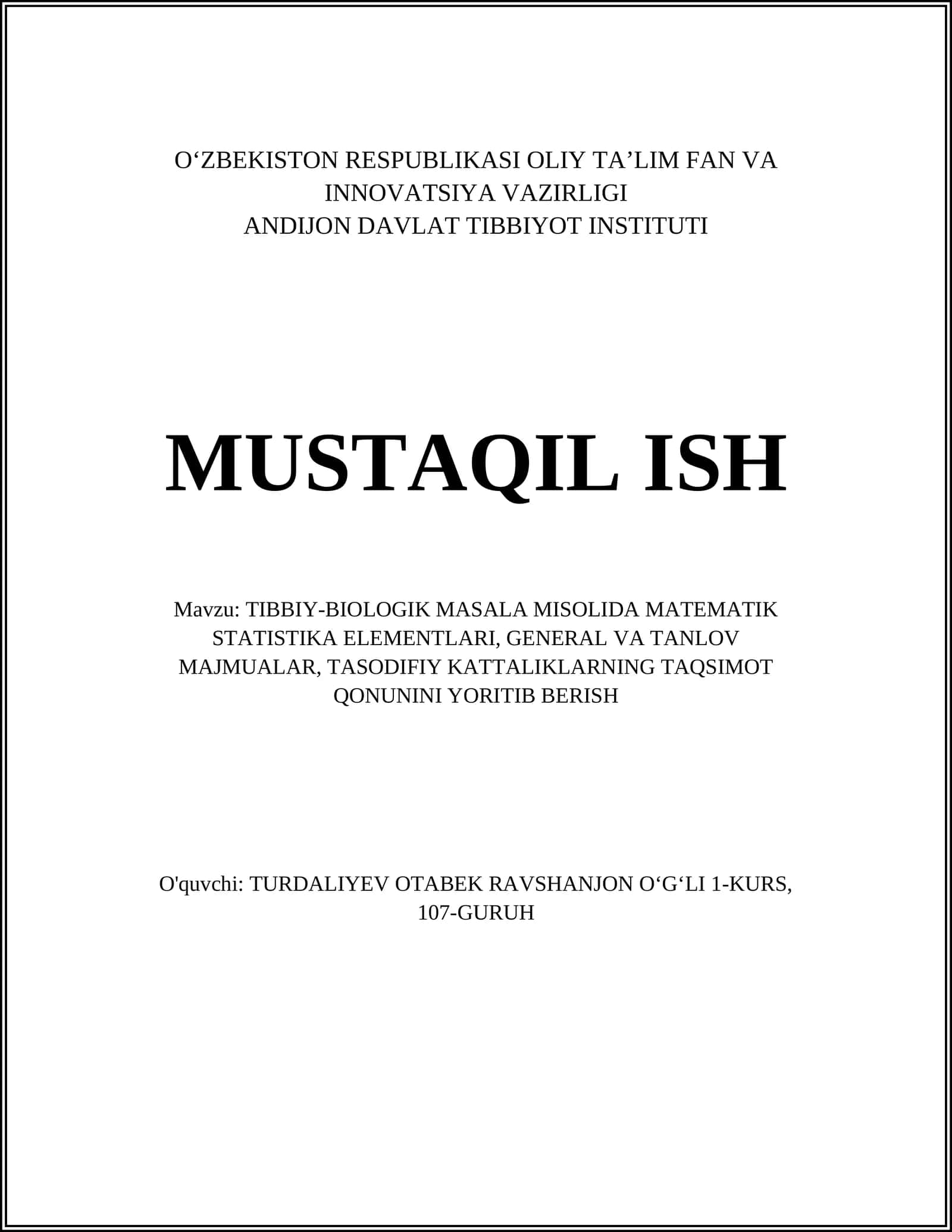 TIBBIY-BIOLOGIK MASALA MISOLIDA MATEMATIK STATISTIKA ELEMENTLARI