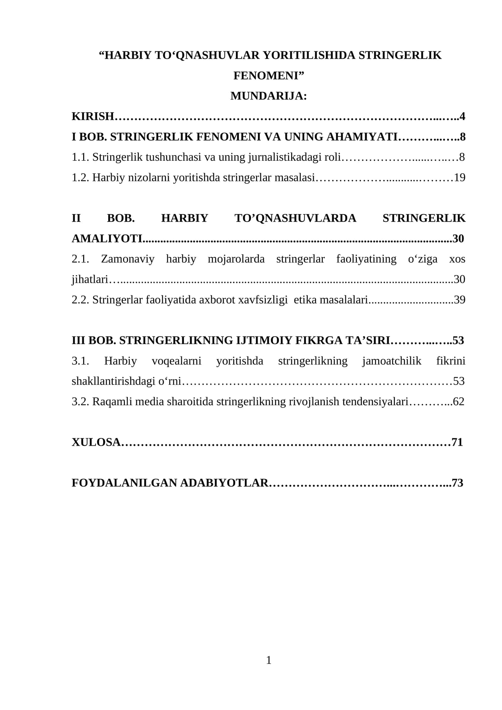 HARBIY TO‘QNASHUVLAR YORITILISHIDA STRINGERLIK FENOMENI