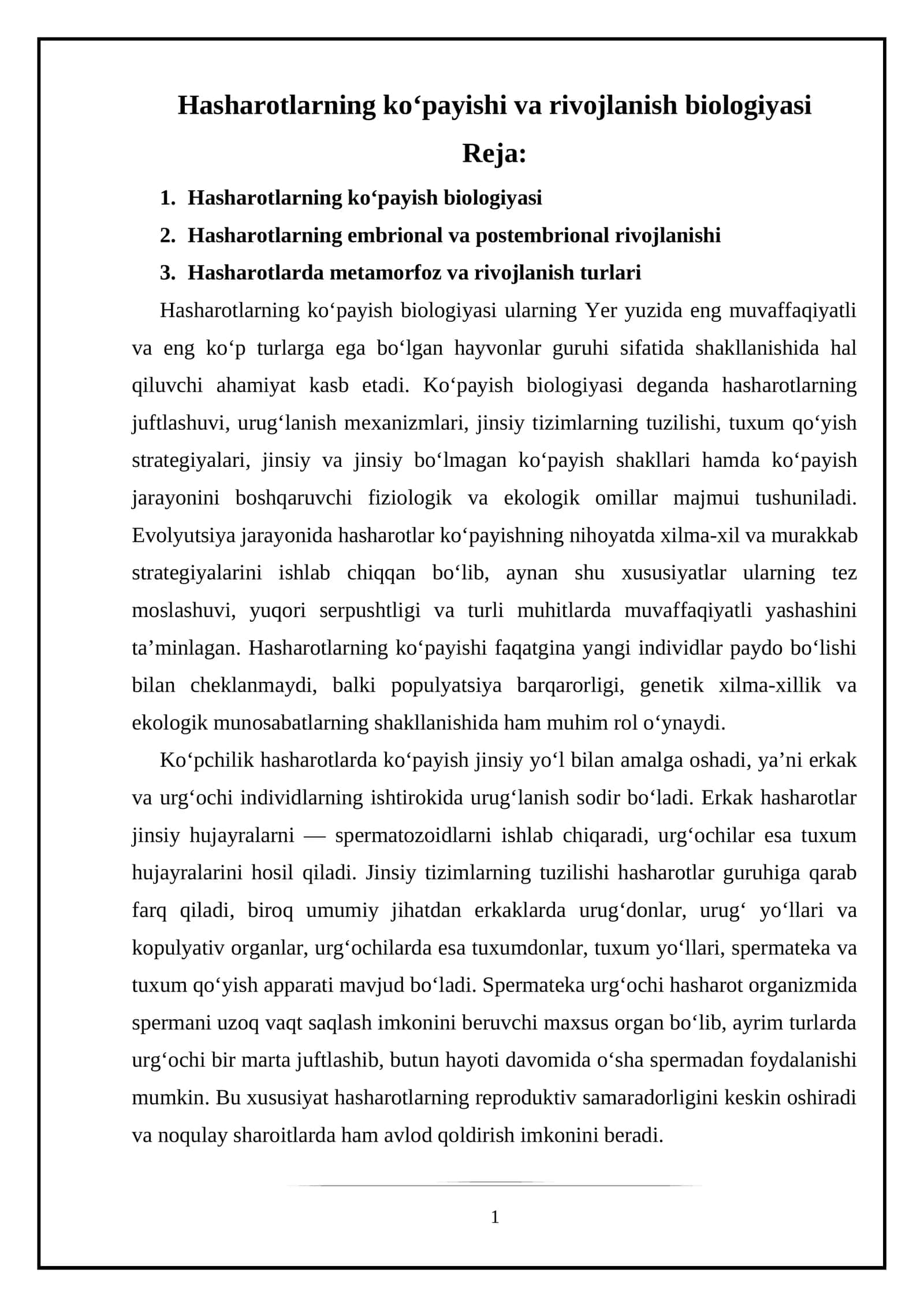 Hasharotlarning ko‘payishi va rivojlanish biologiyasi