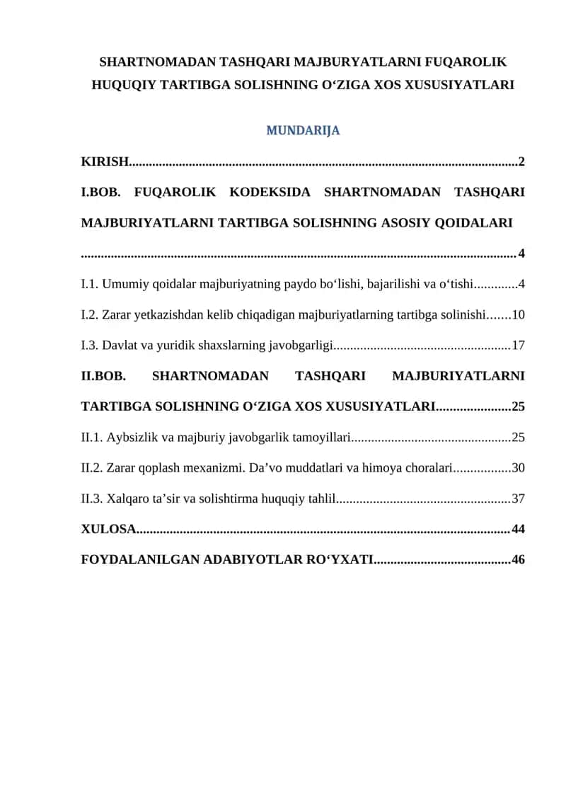 SHARTNOMADAN TASHQARI MAJBURYATLARNI FUQAROLIK HUQUQIY TARTIBGA SOLISHNING OʻZIGA XOS XUSUSIYATLARI