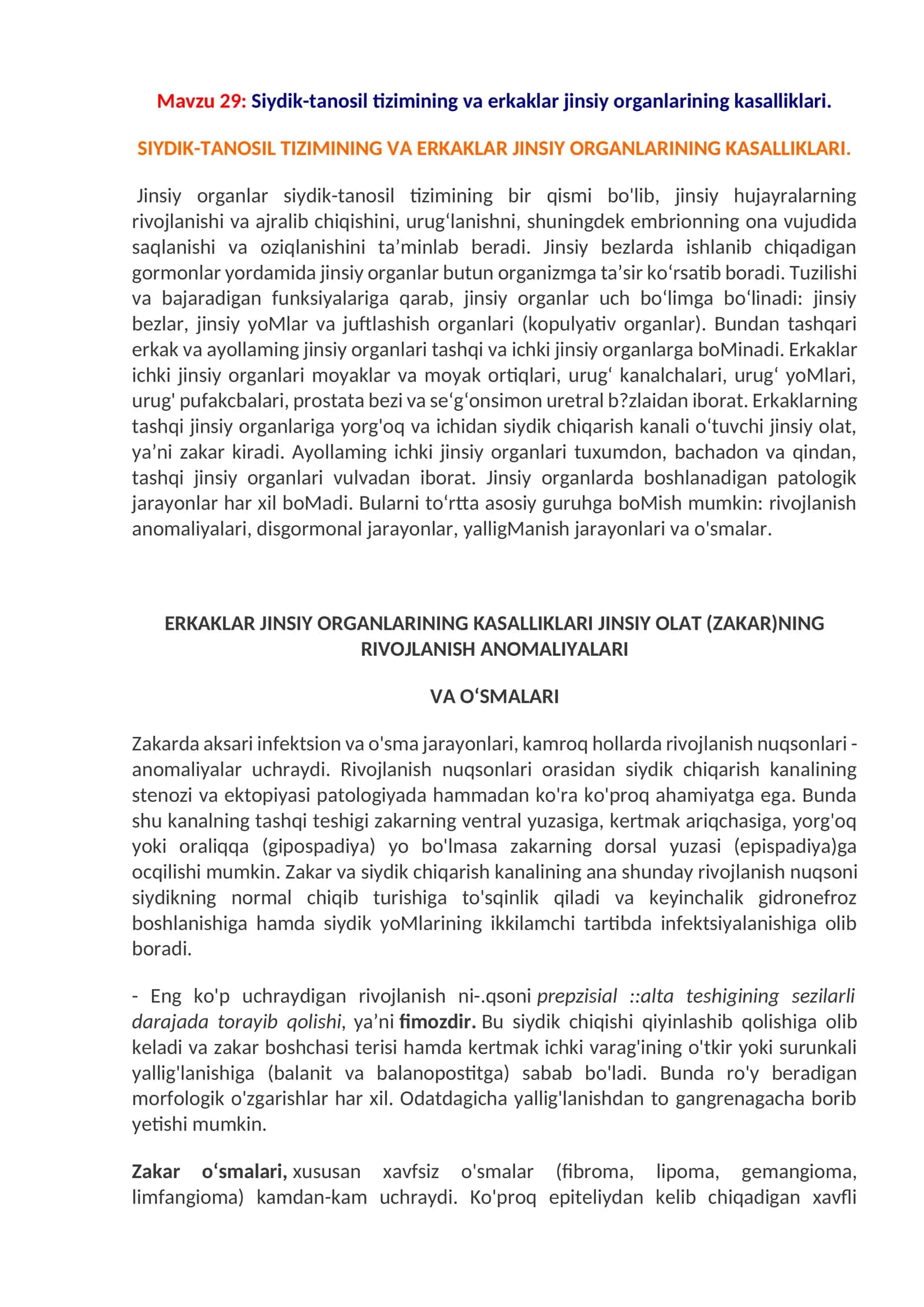 Siydik-tanosil tizimining va erkaklar jinsiy organlarining kasalliklari