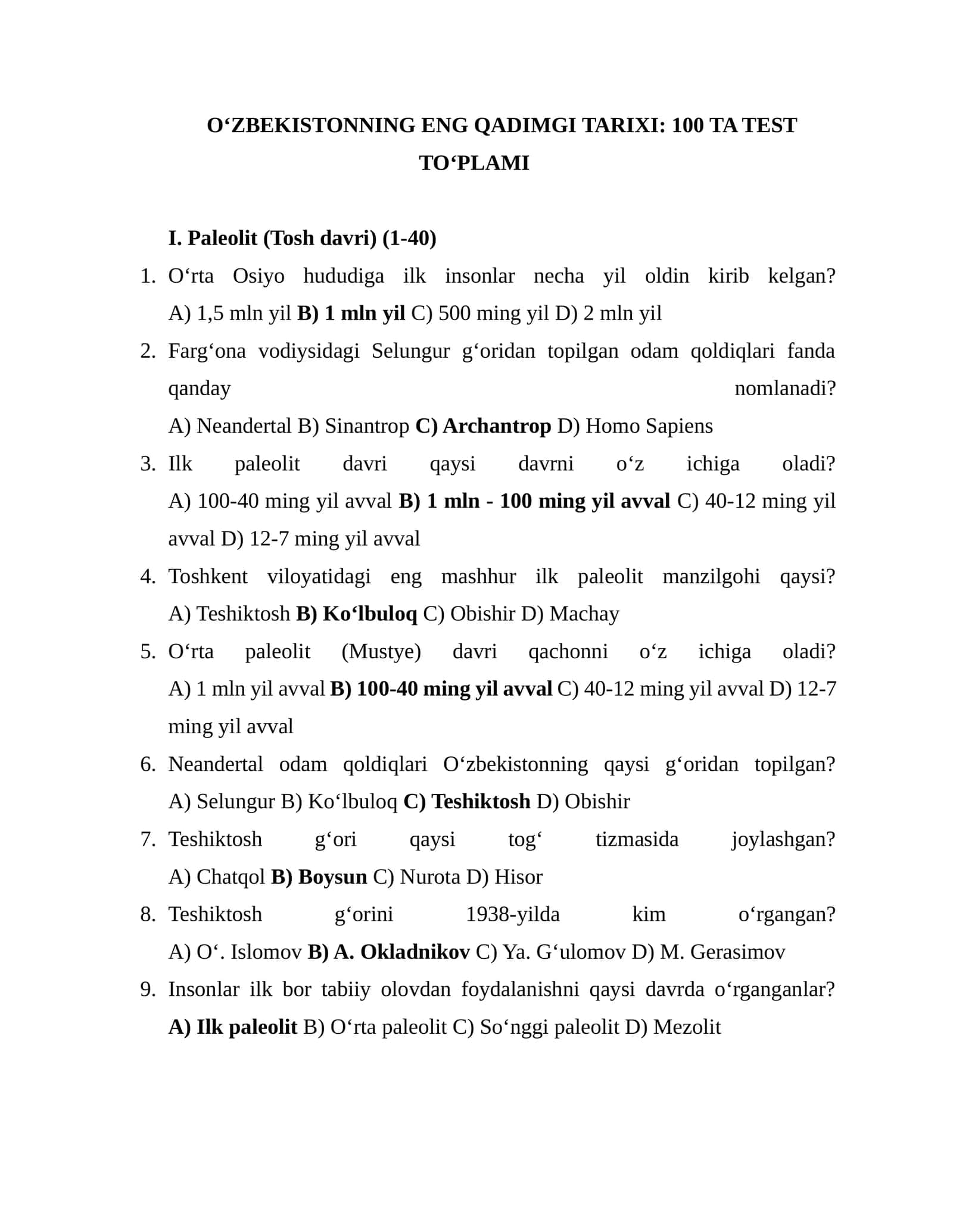 O‘ZBEKISTONNING ENG QADIMGI TARIXI: 100 TA TEST TO‘PLAMI