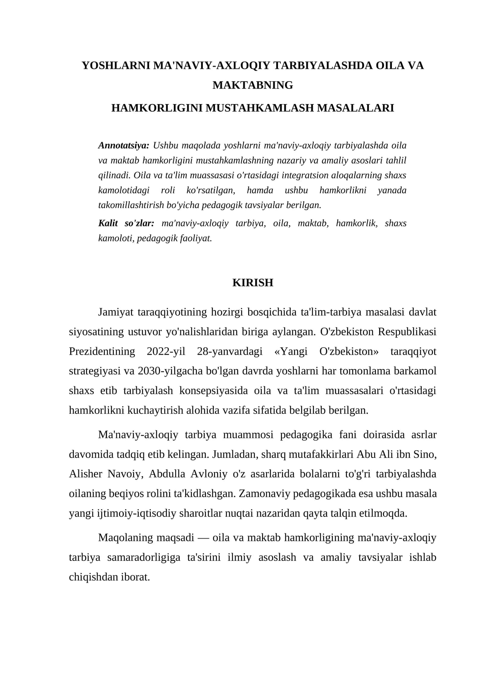 YOSHLARNI MA'NAVIY-AXLOQIY TARBIYALASHDA OILA VA MAKTABNING HAMKORLIGINI MUSTAHKAMLASH