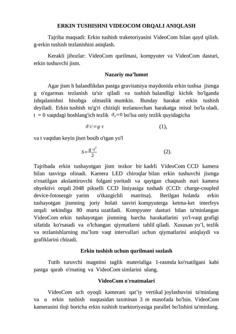 Erkin tushuvchi jismni VideoCom orqali aniqlash
