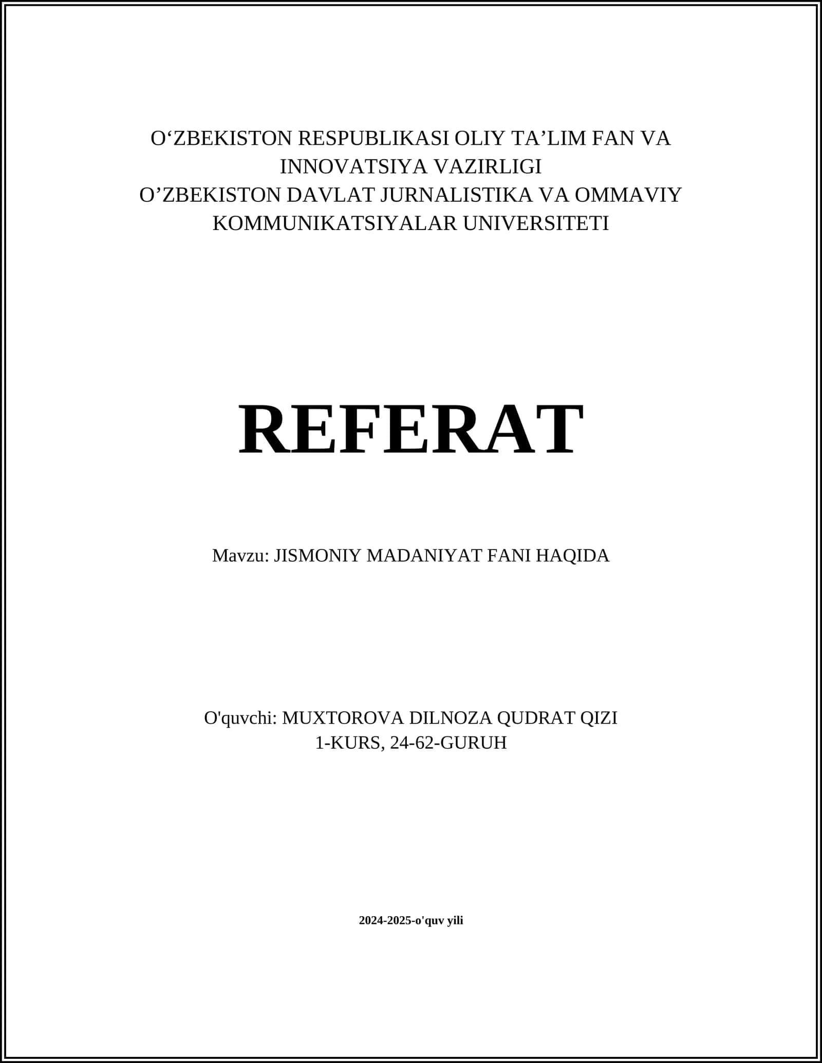 JISMONIY MADANIYAT FANI HAQIDA