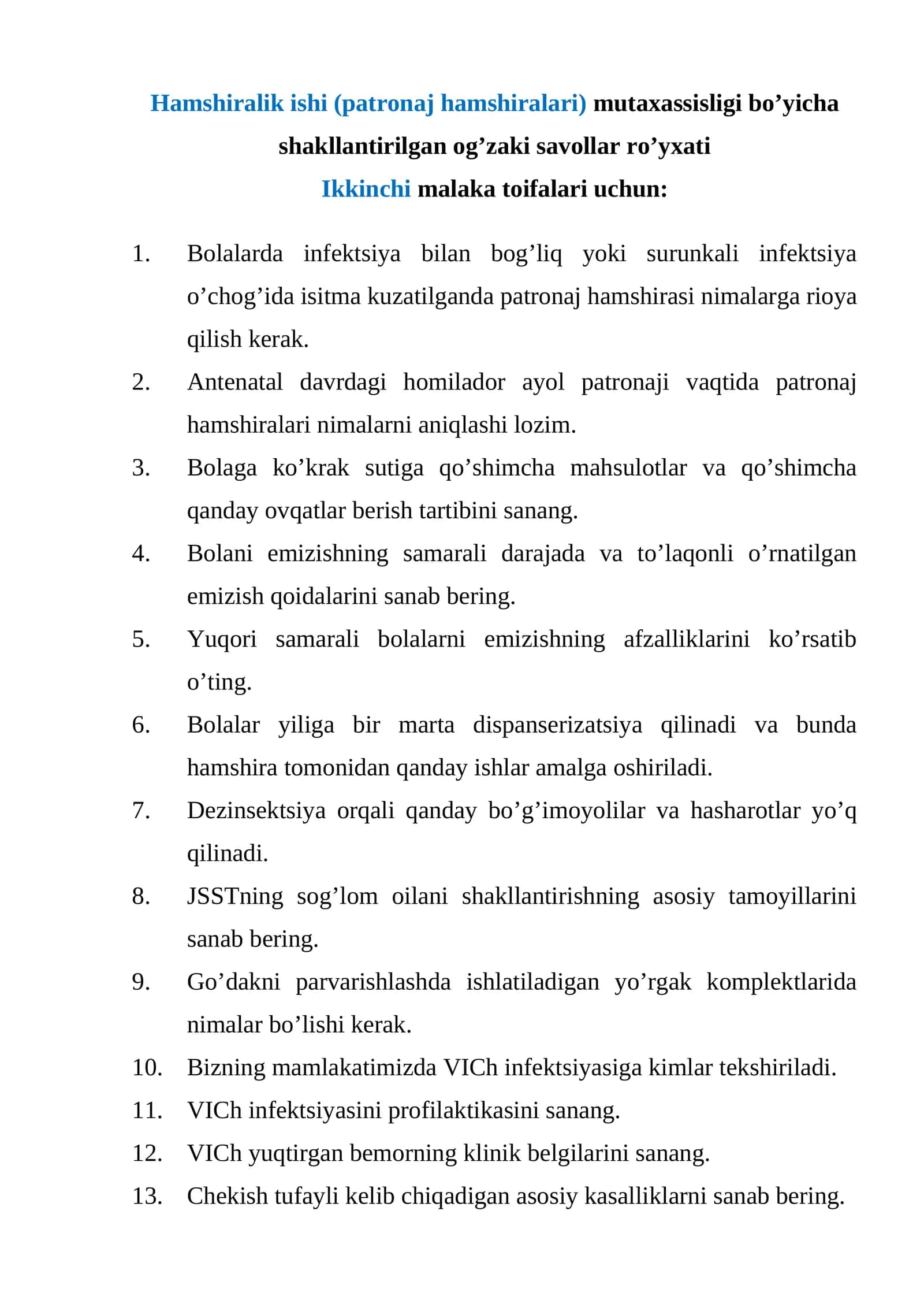 Hamshiralik ishi (patronaj hamshiralari) mutaxassisligi bo’yicha shakllantirilgan og’zaki savollar ro’yxati