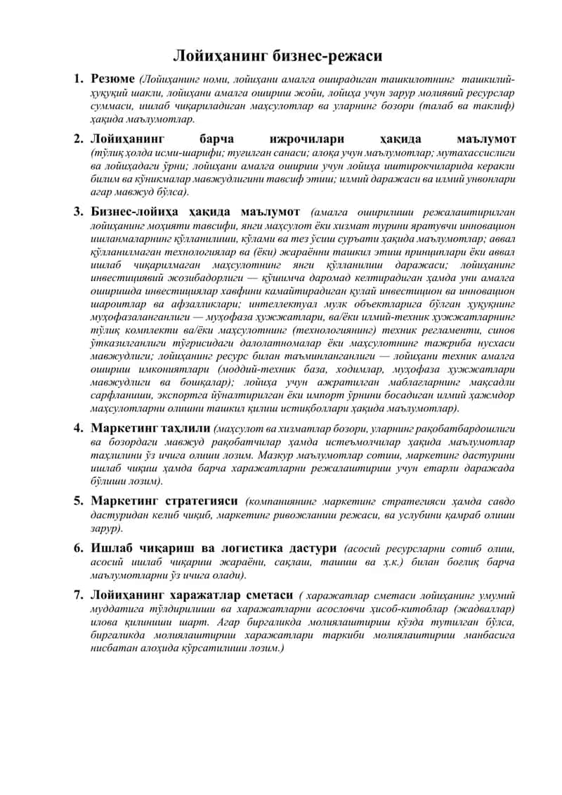Biznes-lohiyaning boshlang'ich rejasi