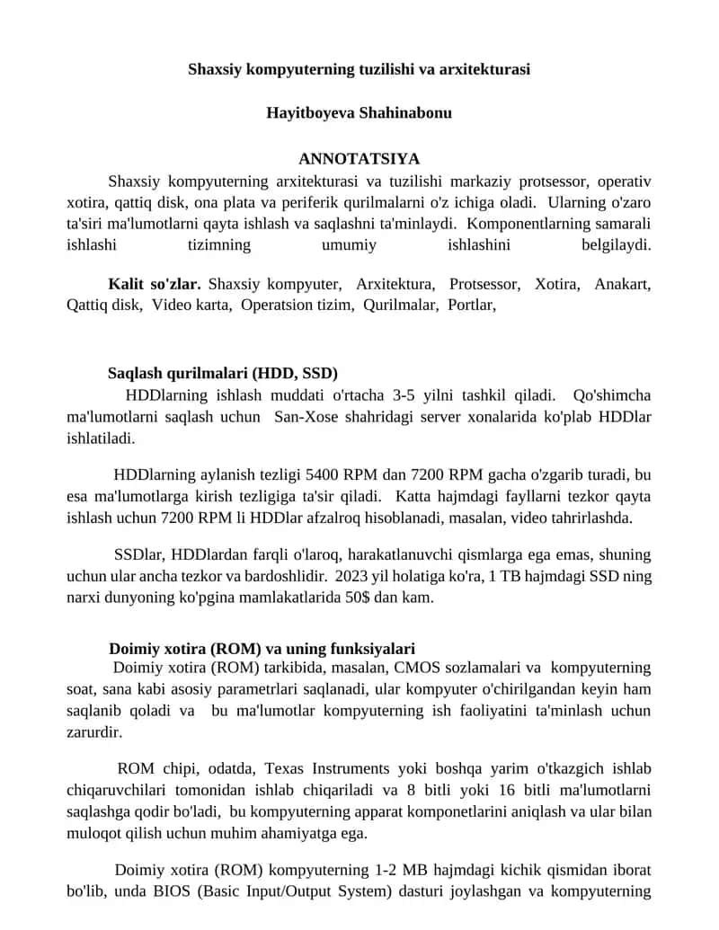Shaxsiy kompyuterning tuzilishi va arxitekturasi