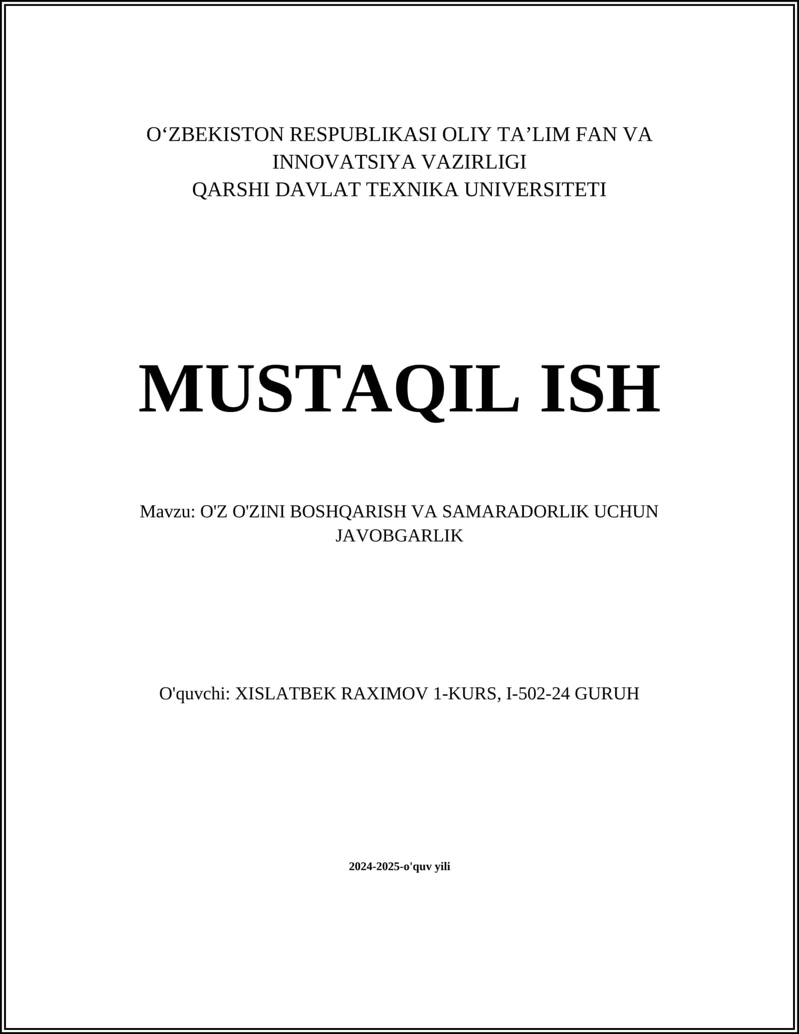O'Z O'ZINI BOSHQARISH VA SAMARADORLIK UCHUN JAVOBGARLIK