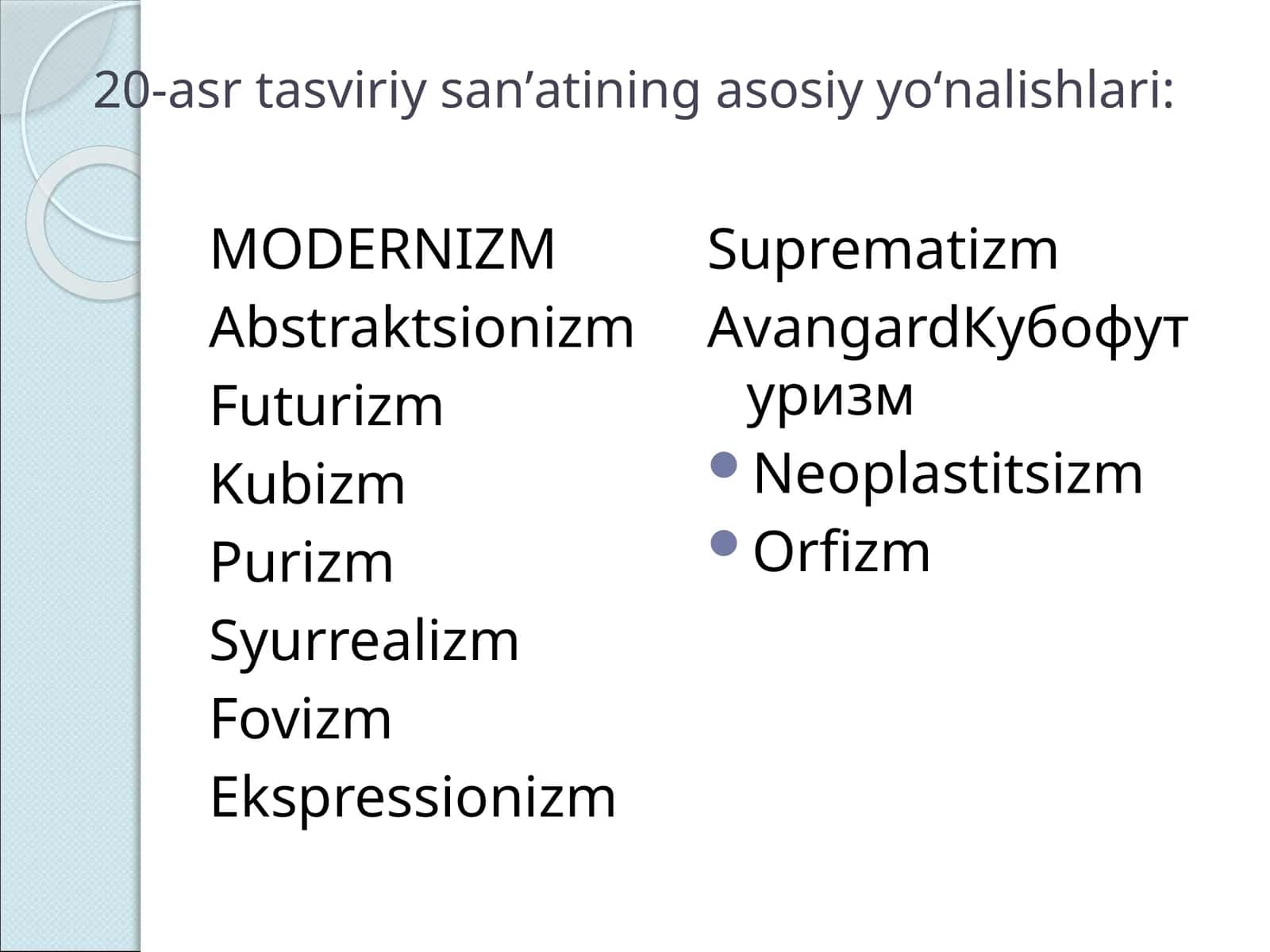 20-asr tasviriy sanʼatining asosiy yoʻnalishlari