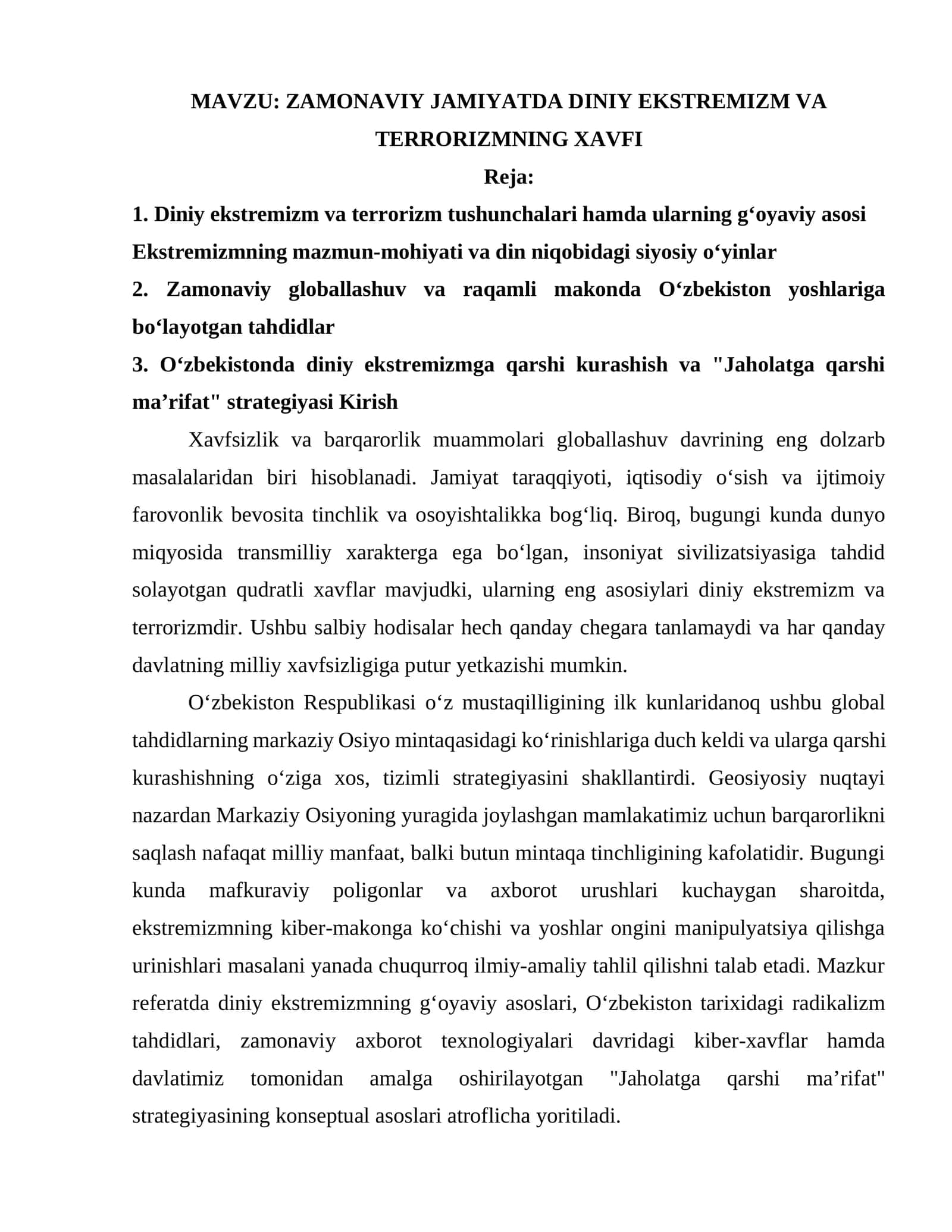 ZAMONAVIY JAMIYATDA DINIY EKSTREMIZM VA TERRORIZMNING XAVFI