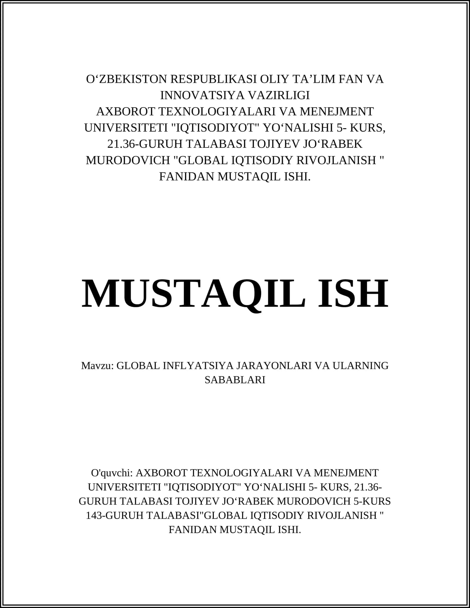 MUSTAQIL ISH: GLOBAL INFLYATSIYA JARAYONLARI VA ULARNING SABABLARI