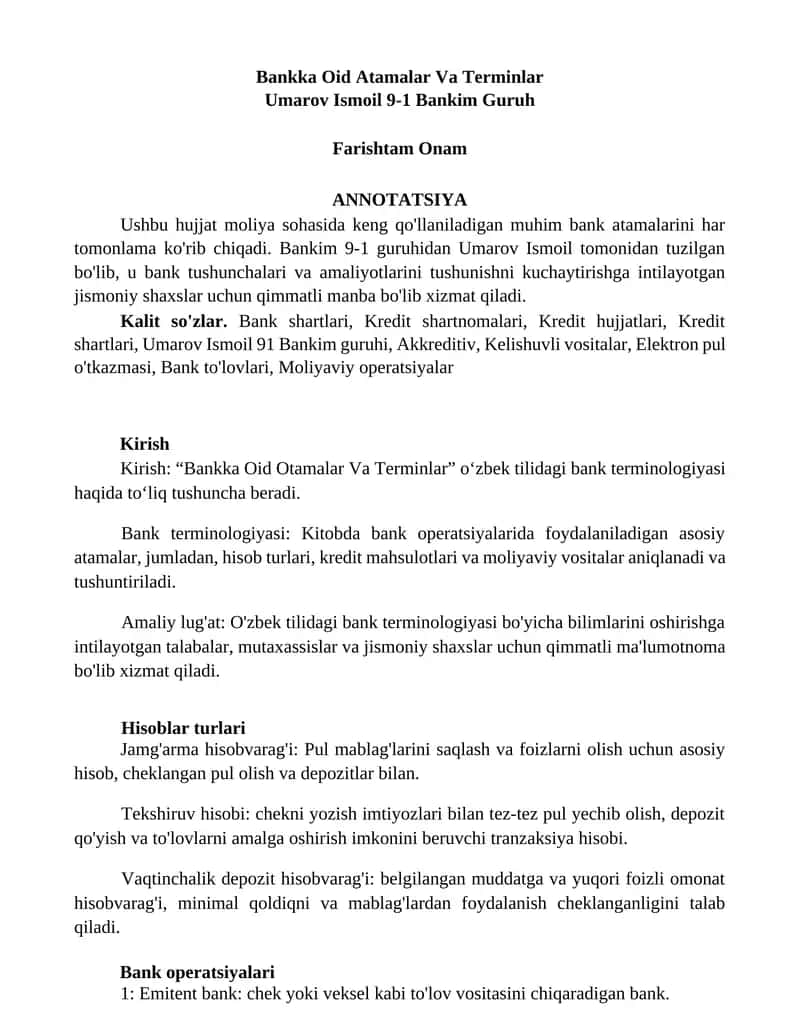 Bankka Oid Atamalar Va Terminlar