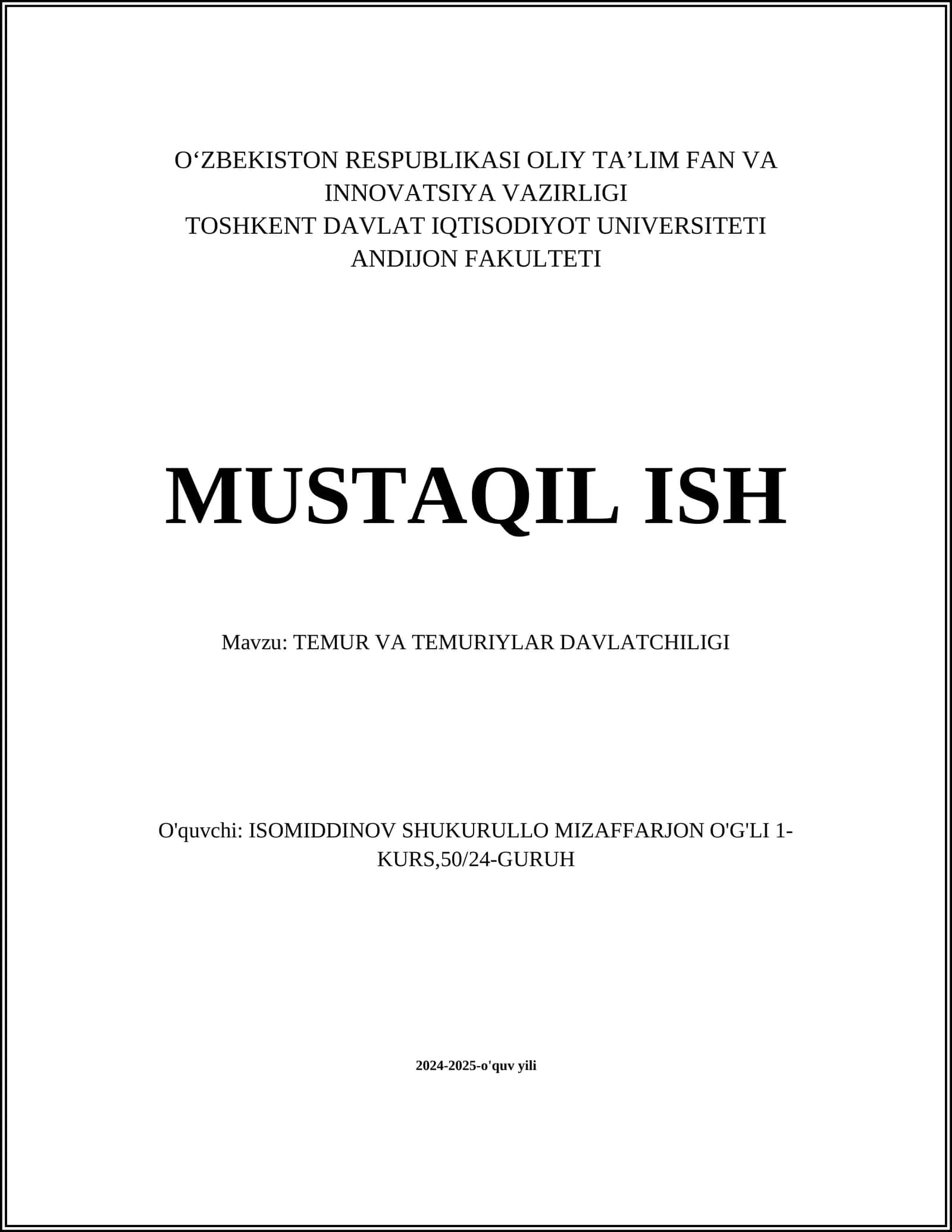 TEMUR VA TEMURIYLAR DAVLATCHILIGI