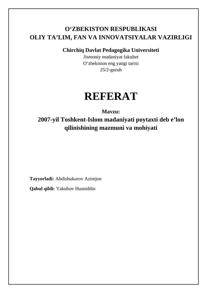 Toshkent – Islom madaniyati poytaxti: Tarix va ahamiyat