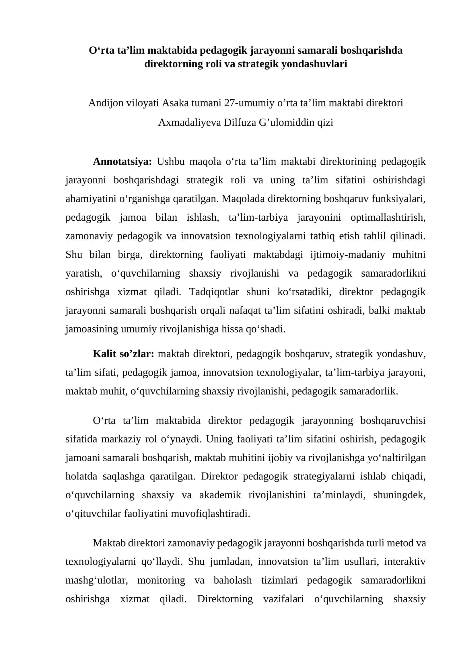 O‘rta ta’lim maktabida pedagogik jarayonni samarali boshqarishda direktorning roli va strategik yondashuvlari