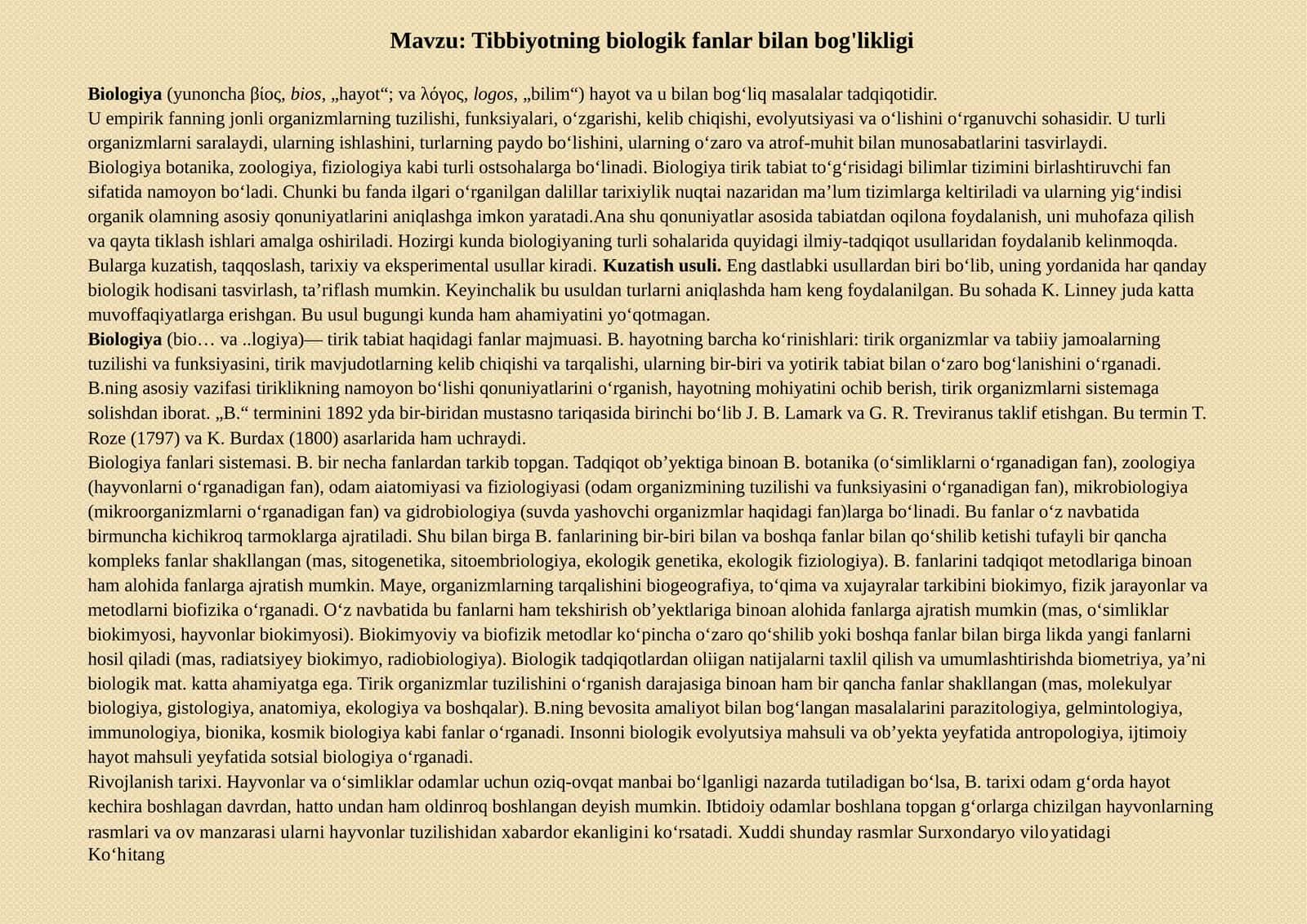 Tibbiyotning biologik fanlar bilan bog'likligi