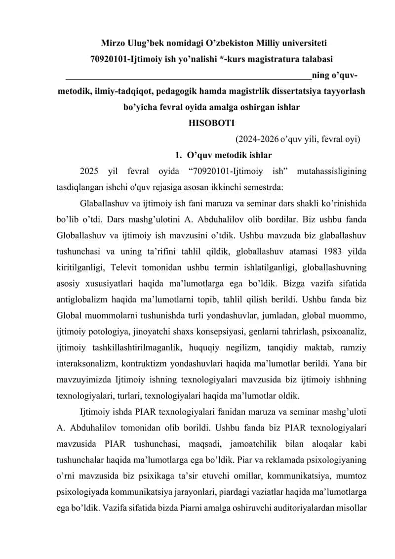 metodik, ilmiy-tadqiqot, pedagogik hamda magistrlik dissertatsiya tayyorlash bo’yicha fevral oyida amalga oshirgan ishlar