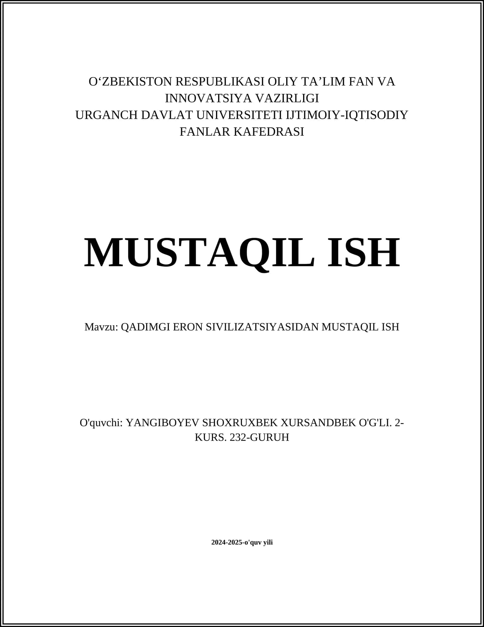 QADIMGI ERON SIVILIZATSIYASIDAN MUSTAQIL ISH