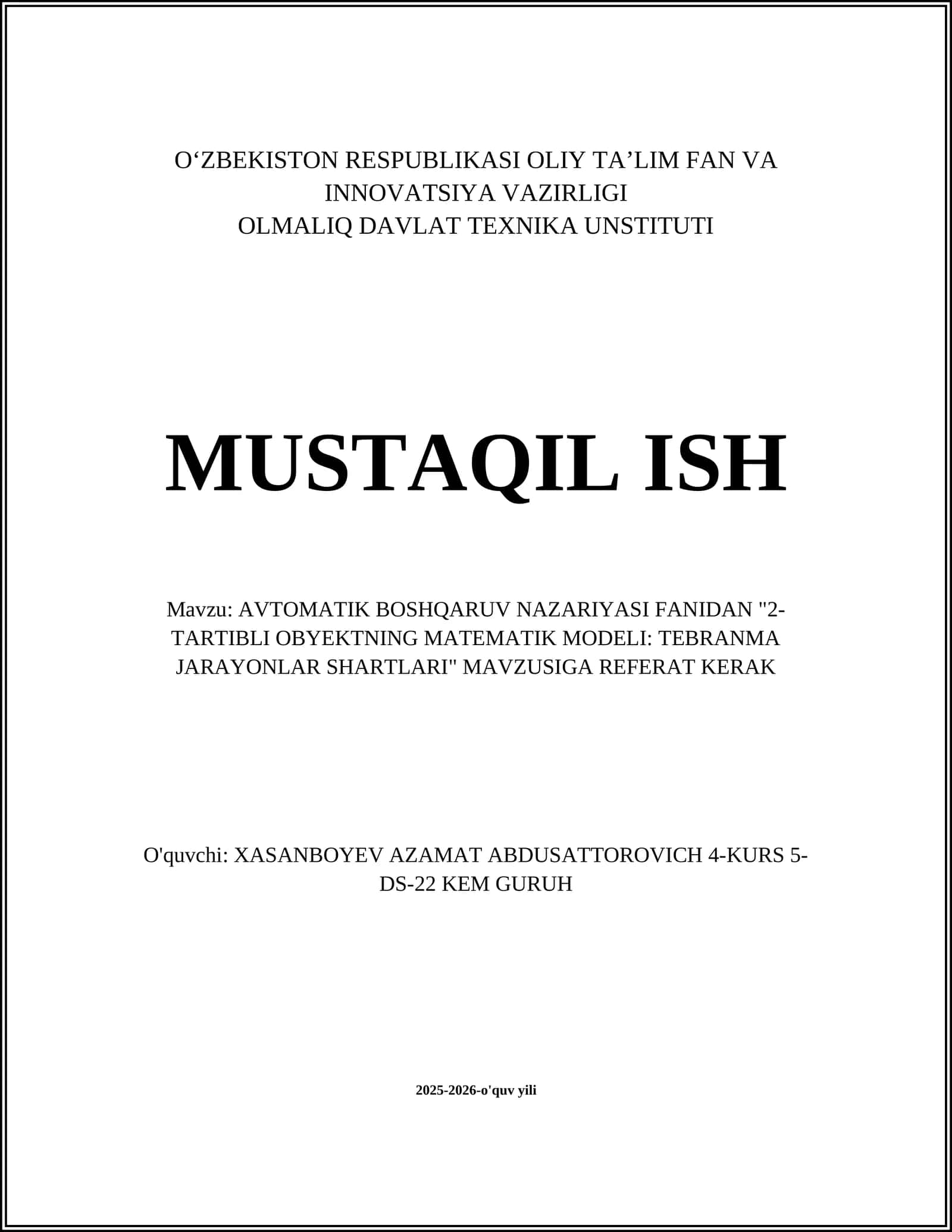 AVTOMATIK BOSHQARUV NAZARIYASI