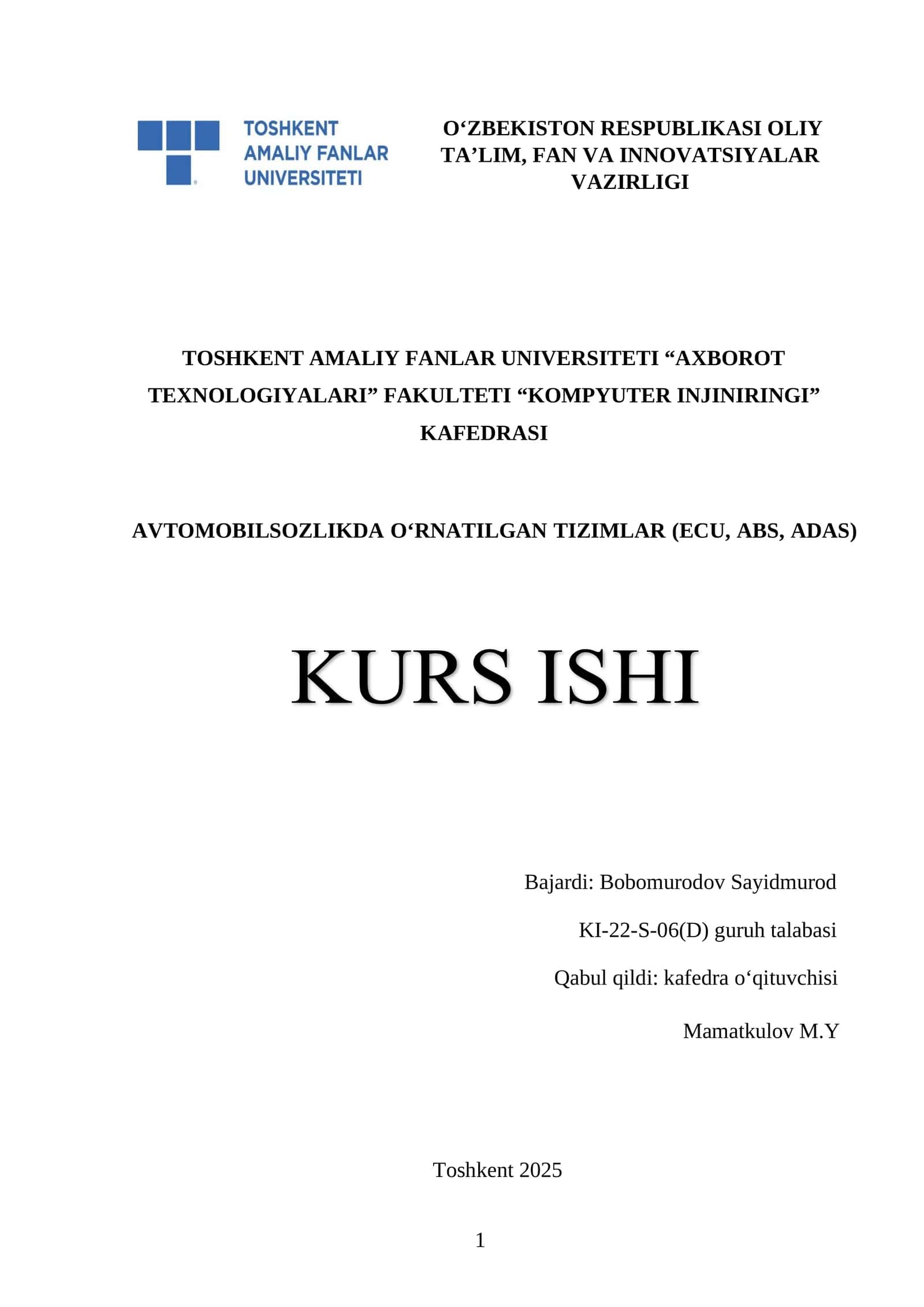 AVTOMOBILSOZLIKDA O‘RNATILGAN TIZIMLAR (ECU, ABS, ADAS)