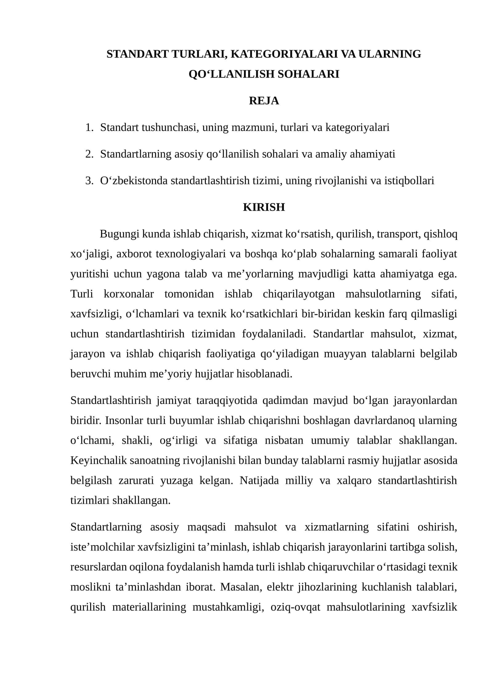 Standart turlari, kategoriyalari va ularning qo'llanilish sohalari
