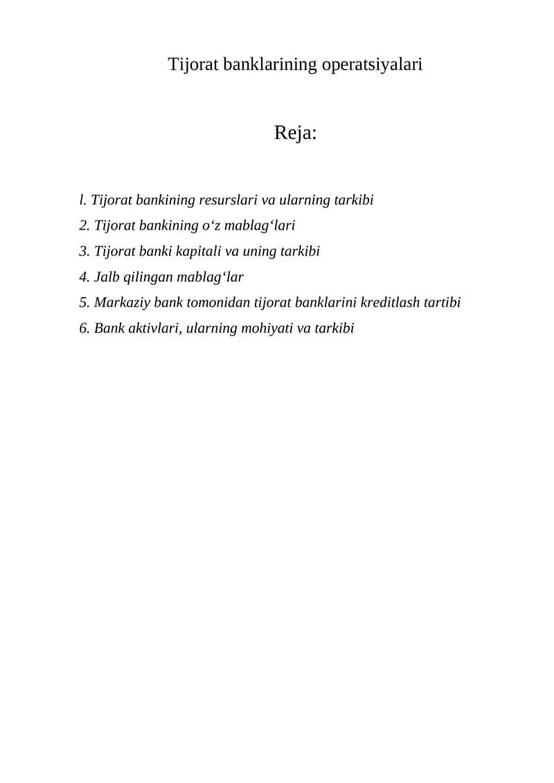 Tijorat banklarining operatsiyalari
