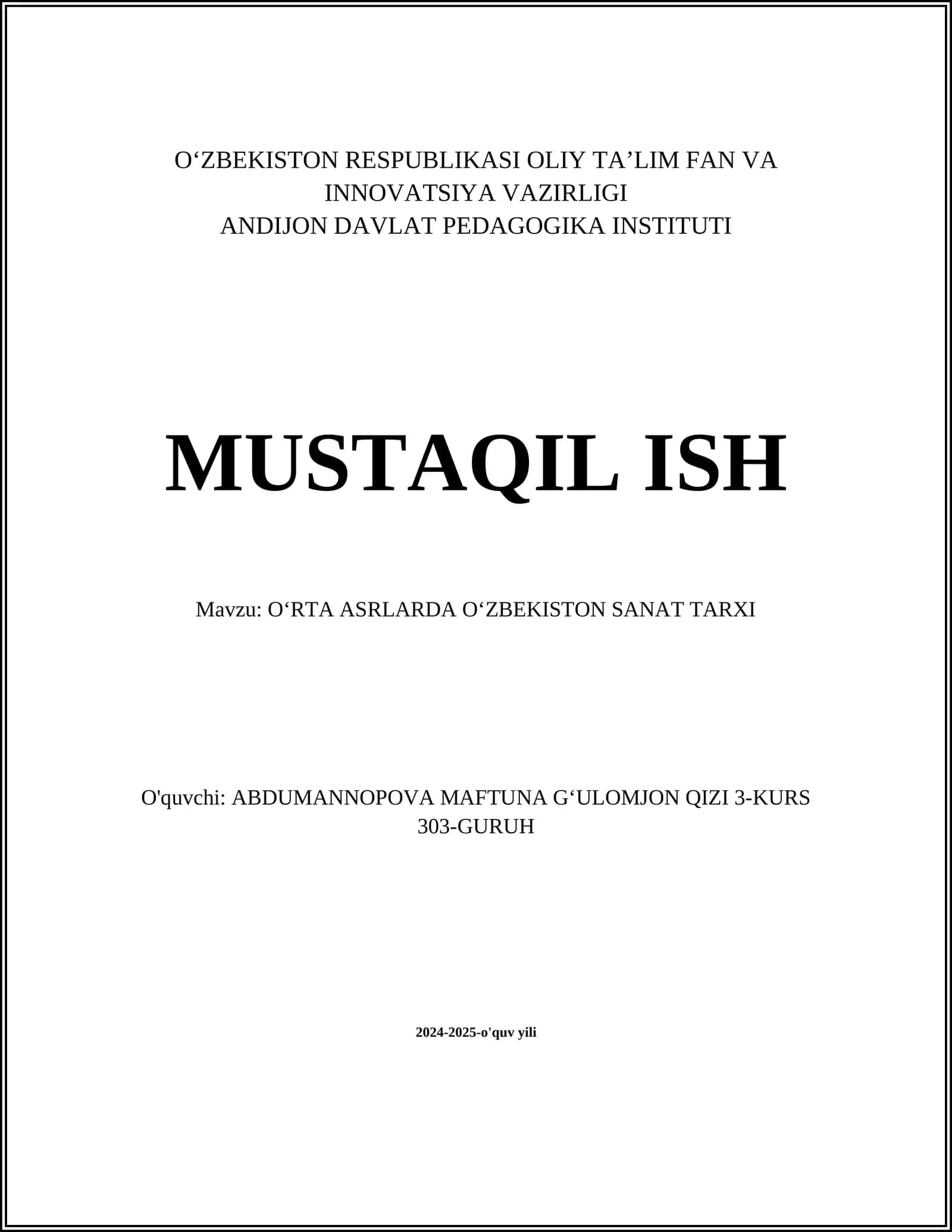 OʻRTA ASRLARDA OʻZBEKISTON SANAT TARXI