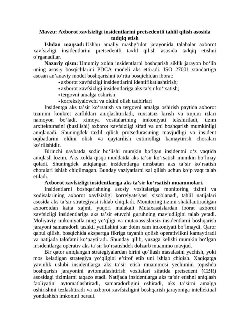 Axborot xavfsizligi insidentlarini pretsedentli tahlil qilish asosida tadqiq etish