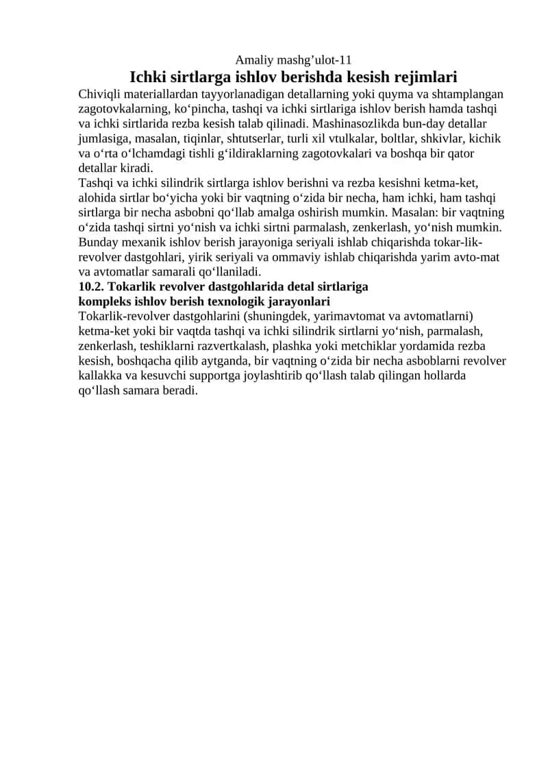 Ichki sirtlarga ishlov berishda kesish rejimlari