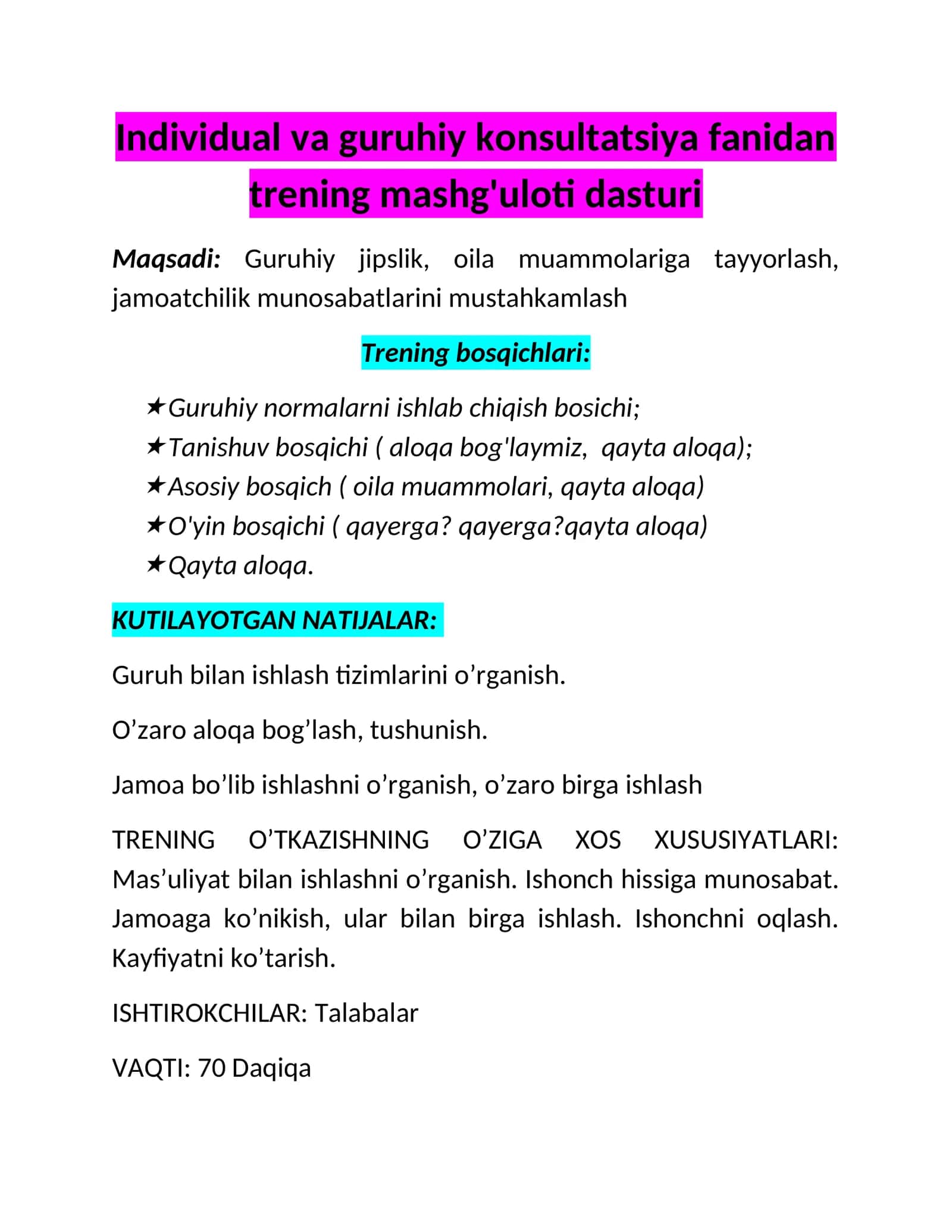 Individual va guruhiy konsultatsiya fanidan trening mashg'uloti dasturi