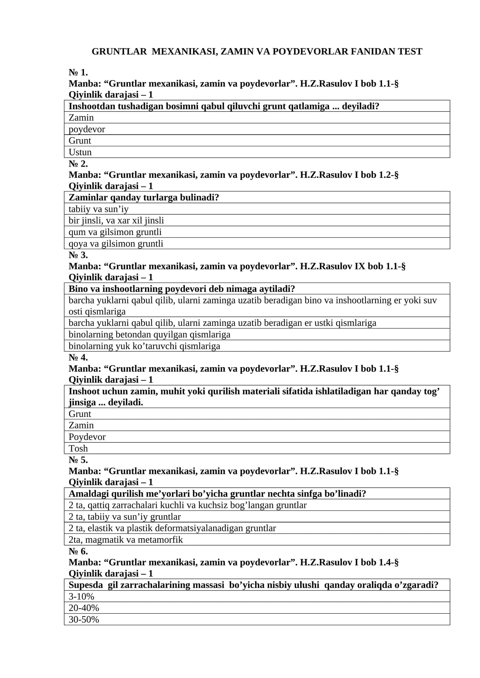 Gruntlar mexanikasi, zamin va poydevorlar fanidan test