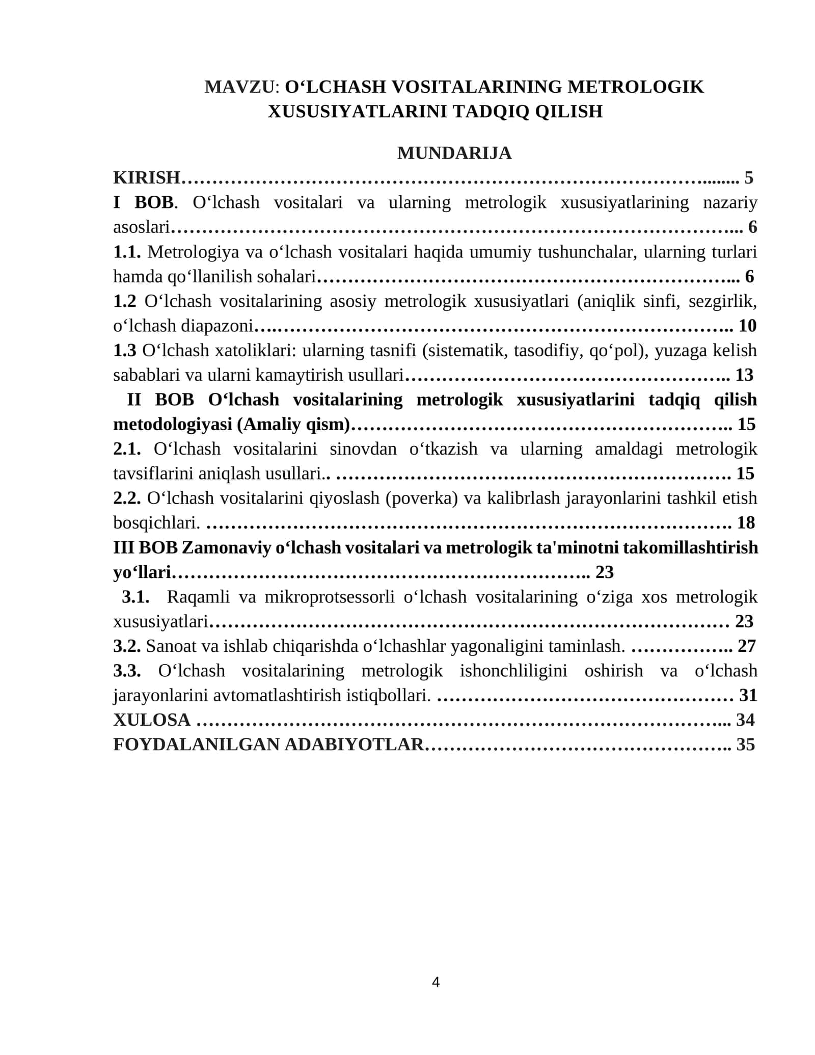O‘LCHASH VOSITALARINING METROLOGIK XUSUSIYATLARINI TADQIQ QILISH