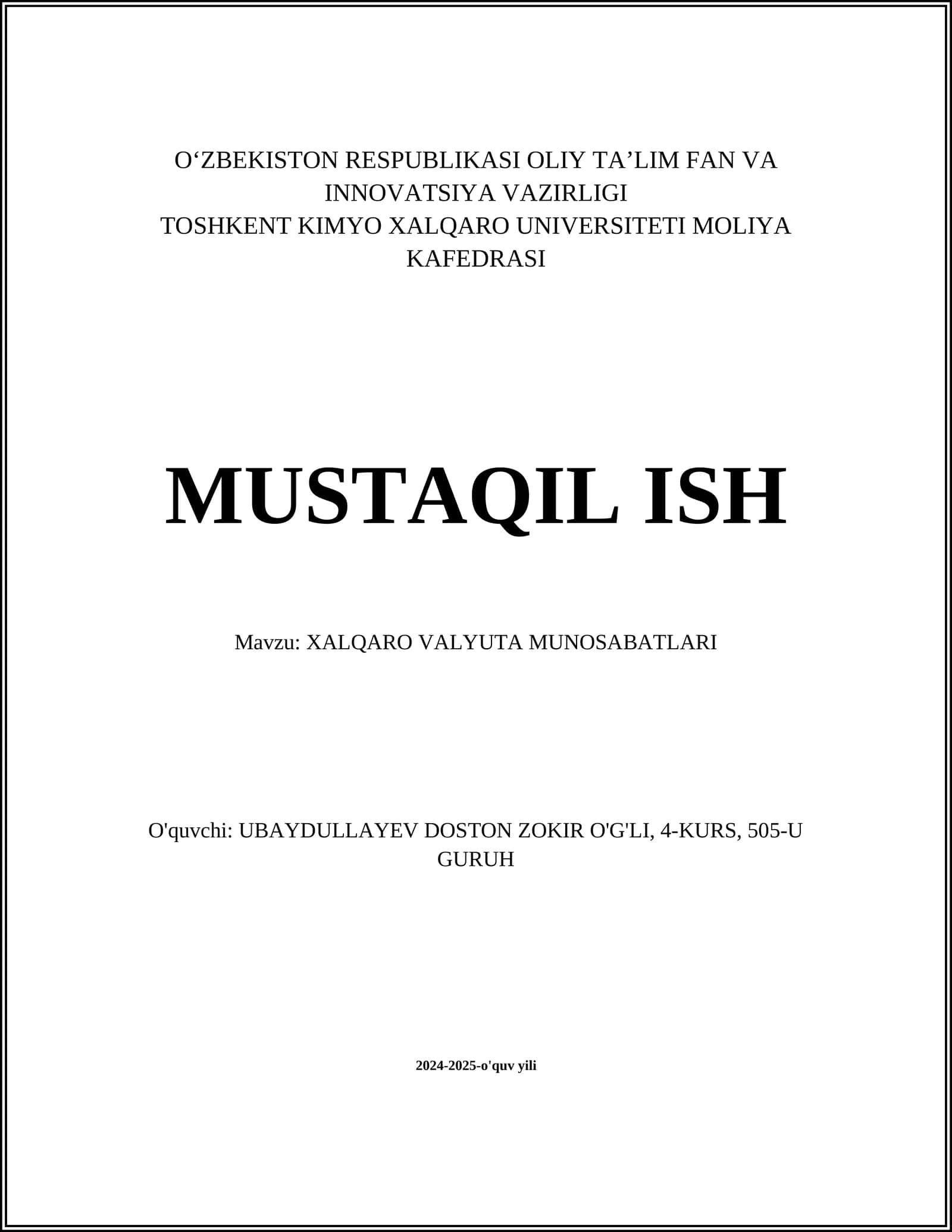 XALQARO VALYUTA MUNOSABATLARI