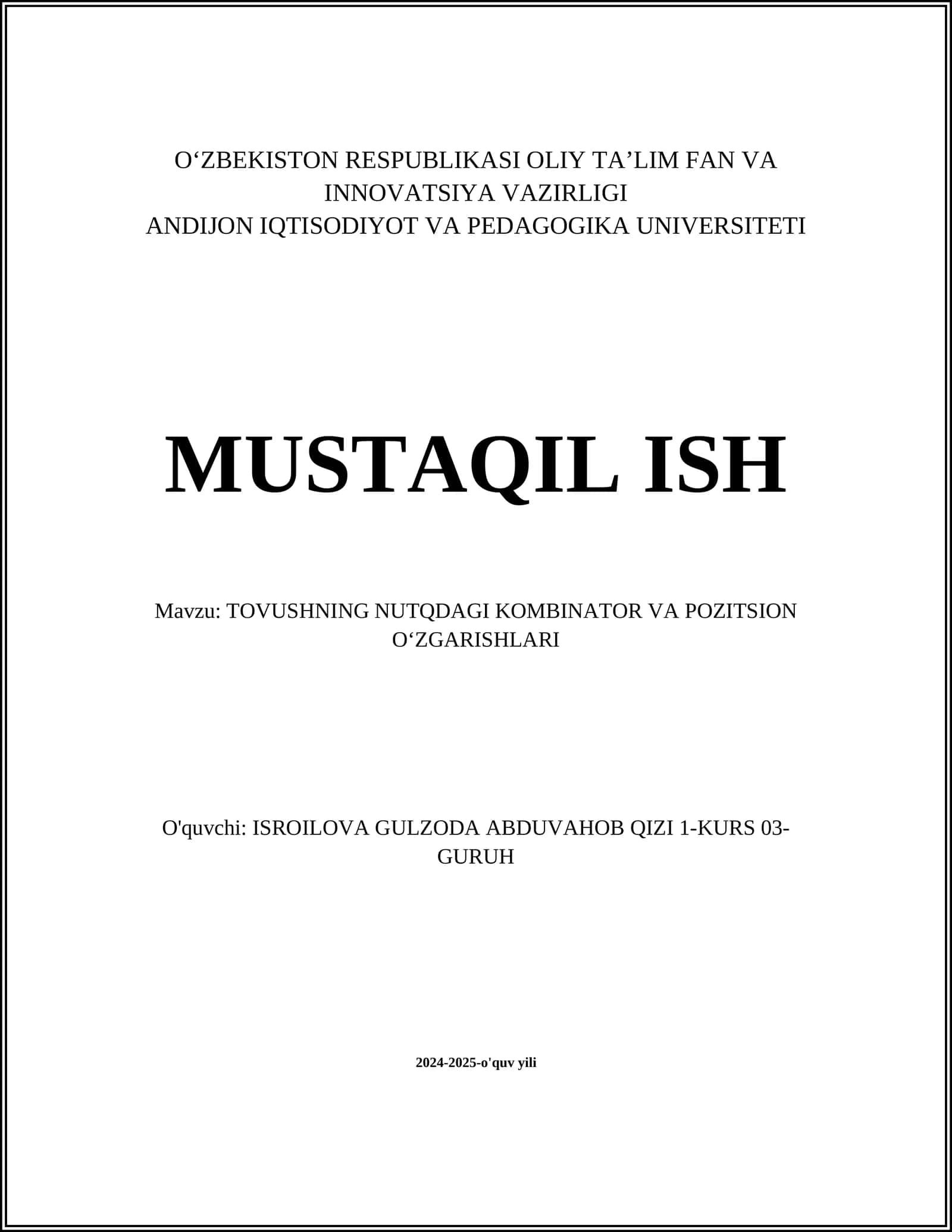 TOVUSHNING NUTQDAGI KOMBINATOR VA POZITSION OʻZGARISHLARI