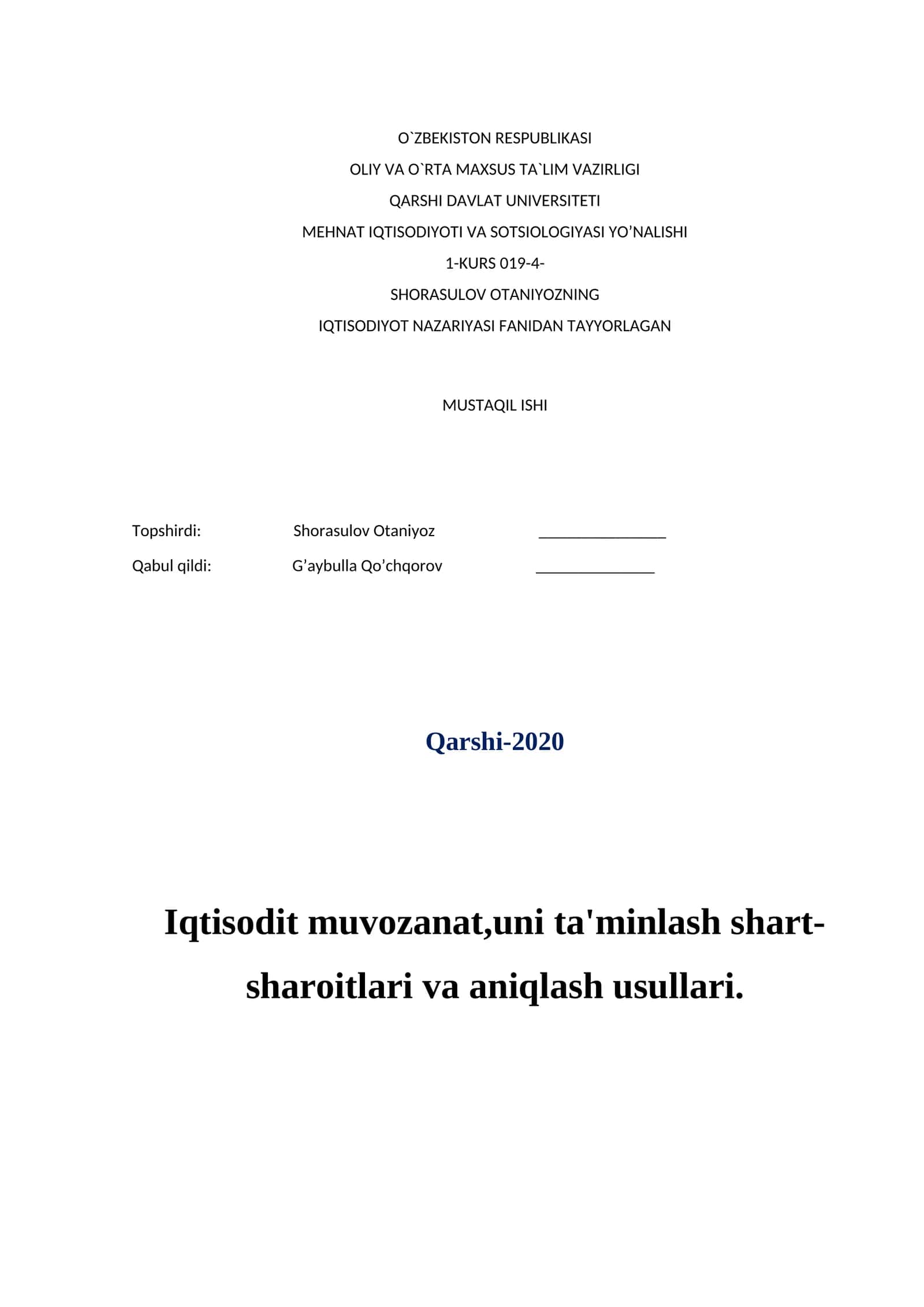 Shorasulov Otaniyozning Iqtisodiyot Nazariyasi