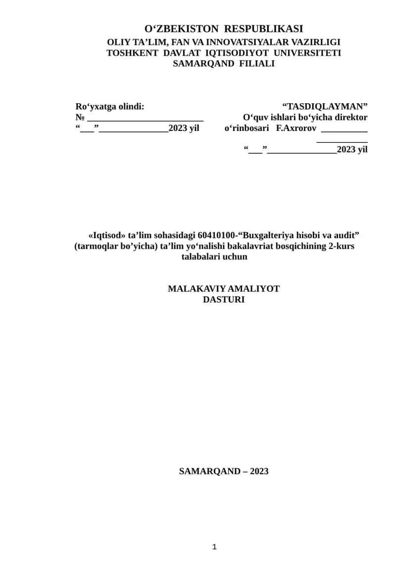 MALAKAVIY AMALIYOT DASTURI