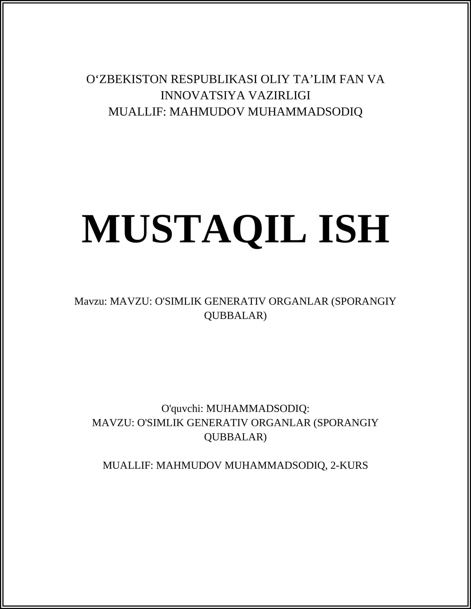O'SIMLIK GENERATIV ORGANLAR (SPORANGIY QUBBALAR)
