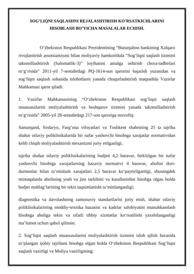 "SOG’LIQNI SAQLASHNI REJALASHTIRISH KO’RSATKICHLARINI HISOBLASH BO’YICHA MASALALAR ECHISH"
