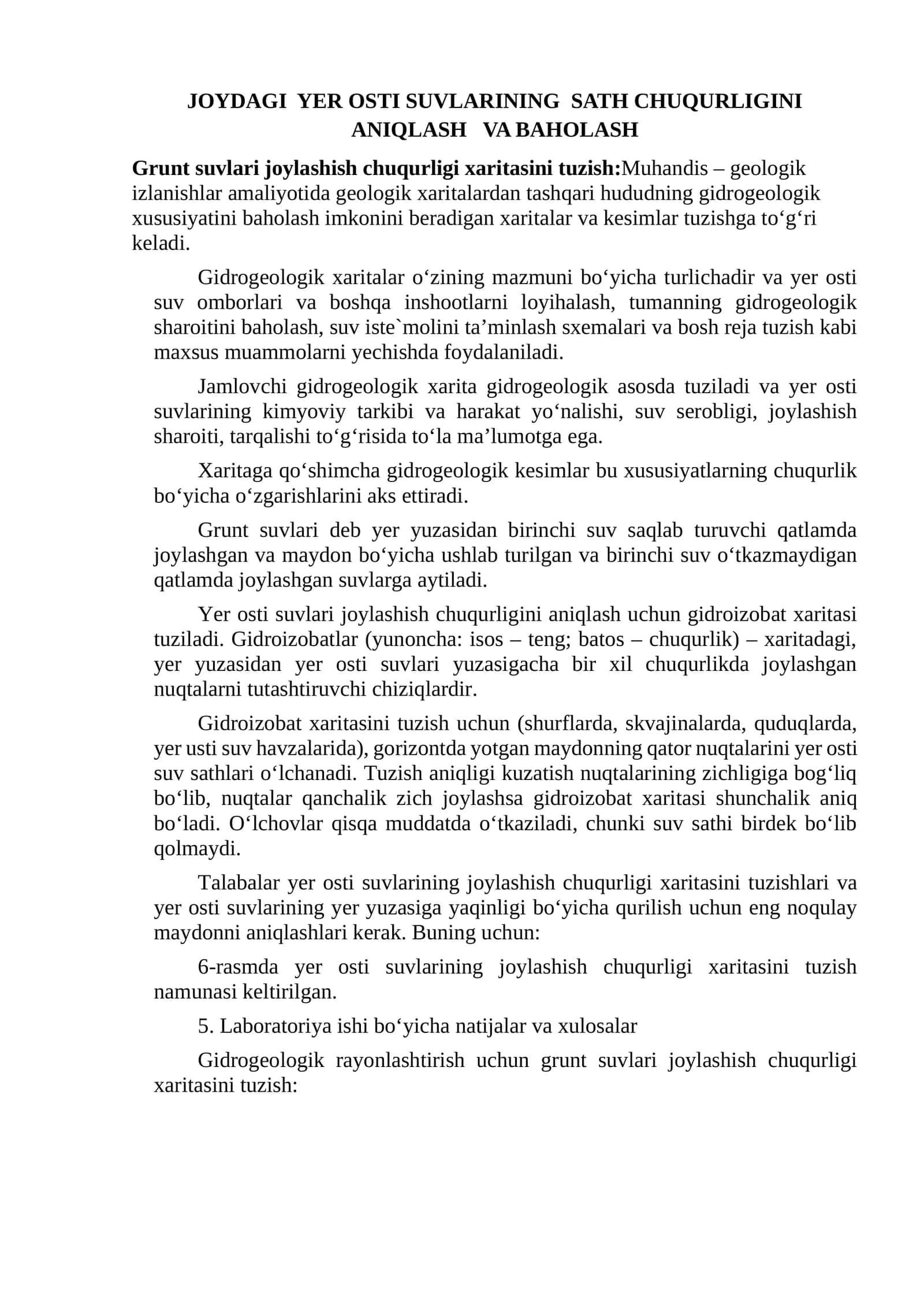Grunt suvlari joylashish chuqurligi xaritasini tuzish